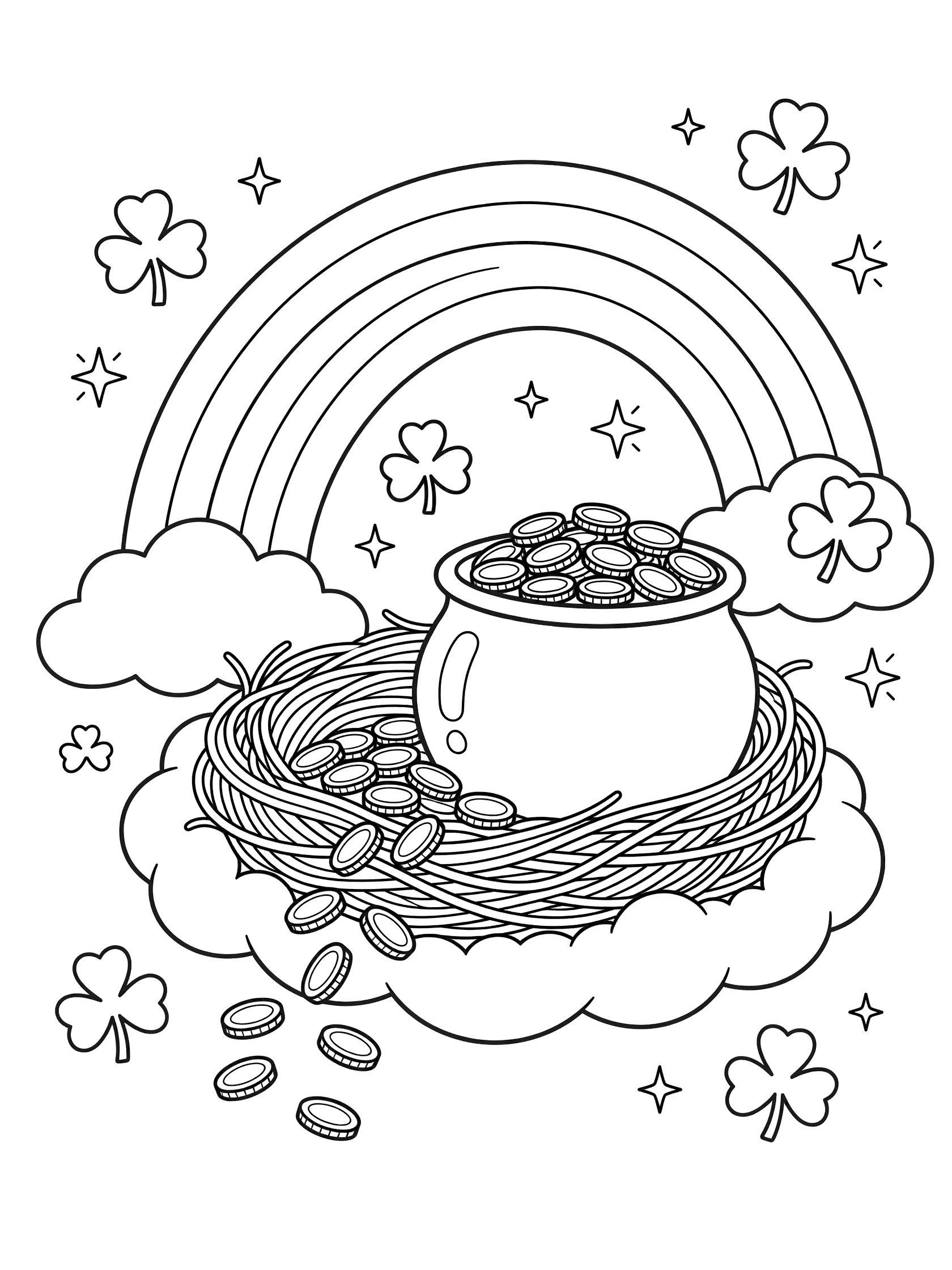 Black and white coloring page of a pot of gold nestled in a cloud shaped like a bird's nest, with overflowing coins, rainbow arching to it, floating shamrocks, and twinkling stars.