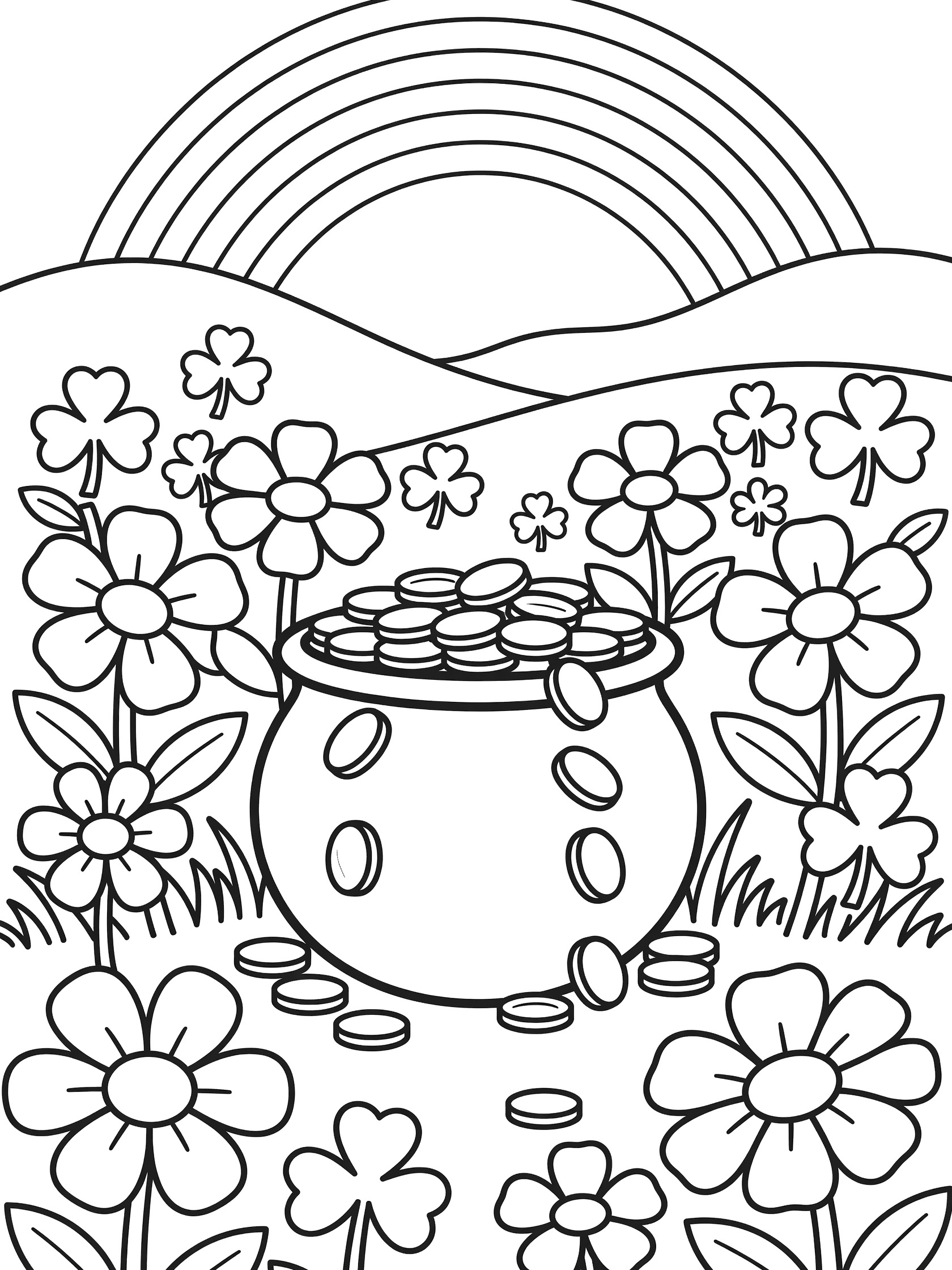 Black and white line art coloring page of a pot of gold in a flower meadow with shamrocks, flowers, hills, and rainbow above