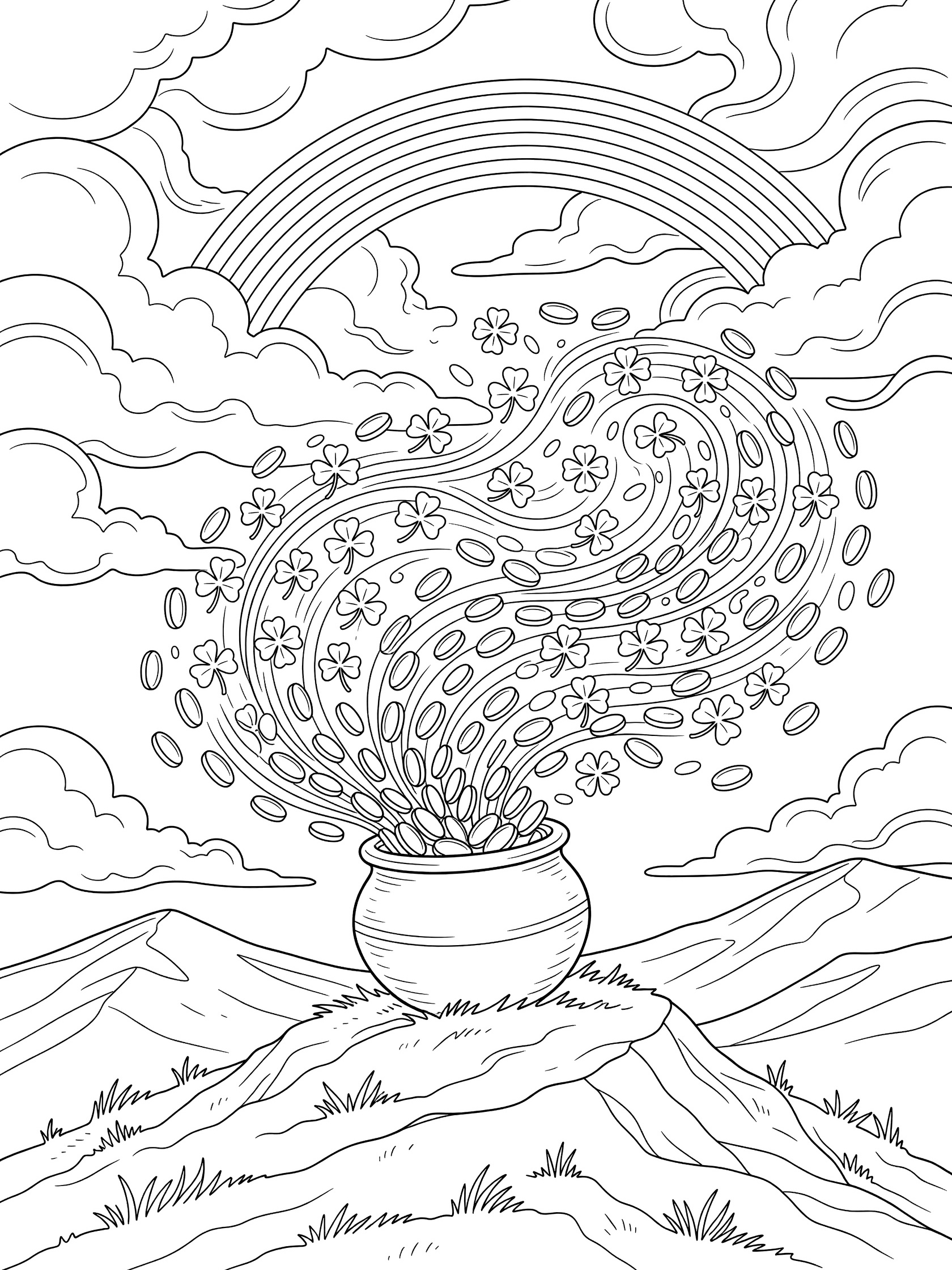 Line art coloring page showing pot of gold on hilltop with flying gold coins, swirling shamrocks, double rainbow, clouds, and windy grass.