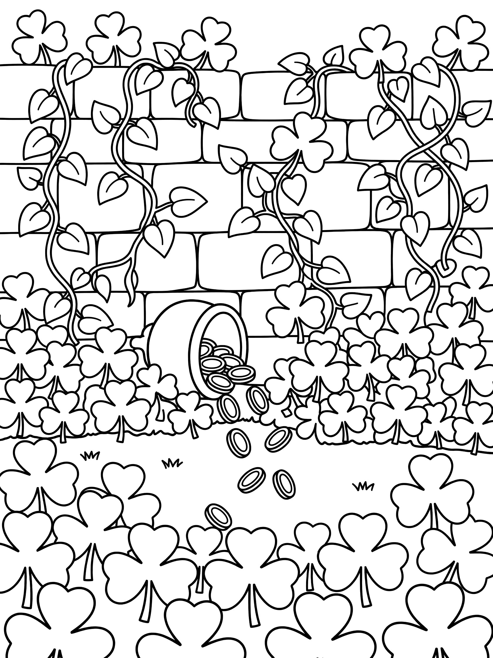 Black and white line art coloring page showing a pot of gold spilling coins from a gap in a stone wall garden with shamrocks and climbing vines.