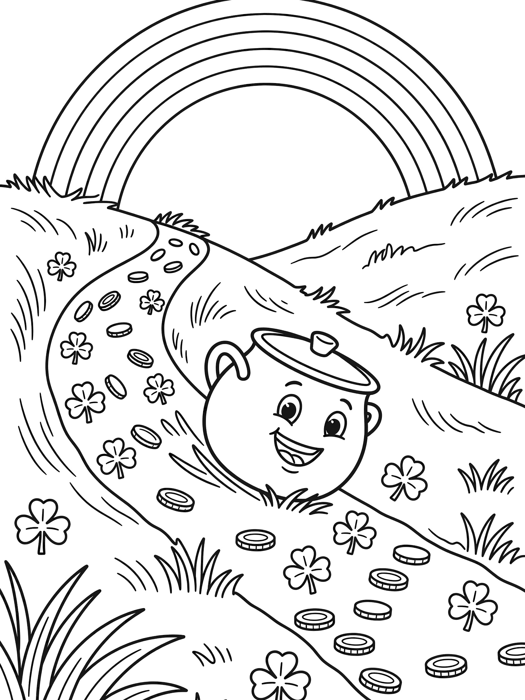 Line art coloring page showing a smiling pot of gold rolling downhill on a grassy valley path with gold coins, shamrocks, waving grass, and a rainbow arching above
