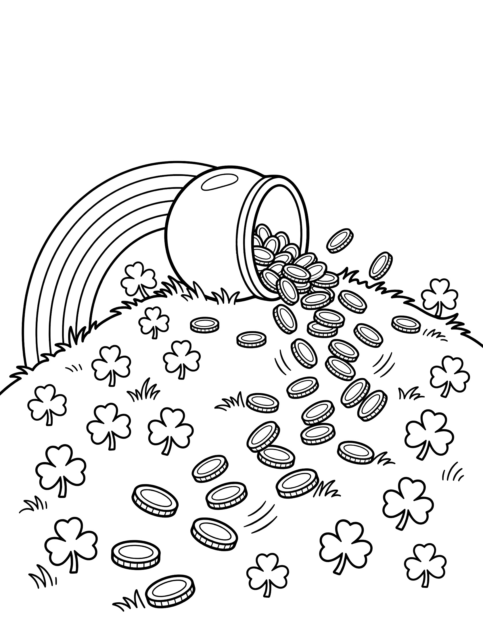 Black and white coloring page showing a large pot of gold spilling coins from the end of a curving rainbow on a grassy hill, surrounded by shamrocks and four-leaf clovers