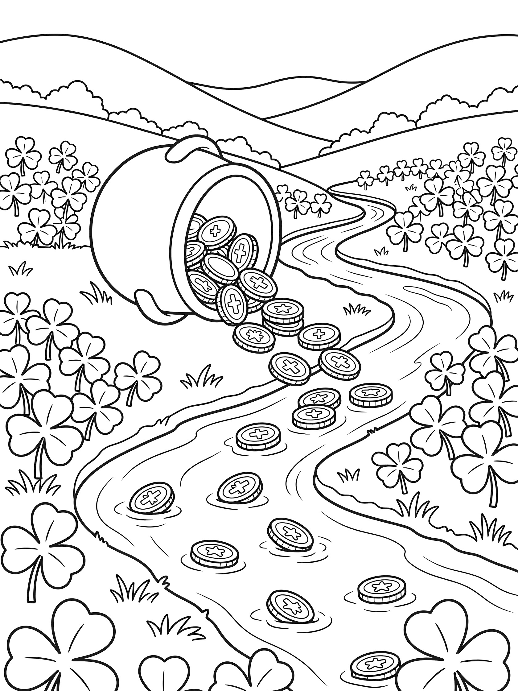 Black and white line art coloring page showing a pot of gold spilling coins into a winding stream with shamrocks, clovers, and valley hills.