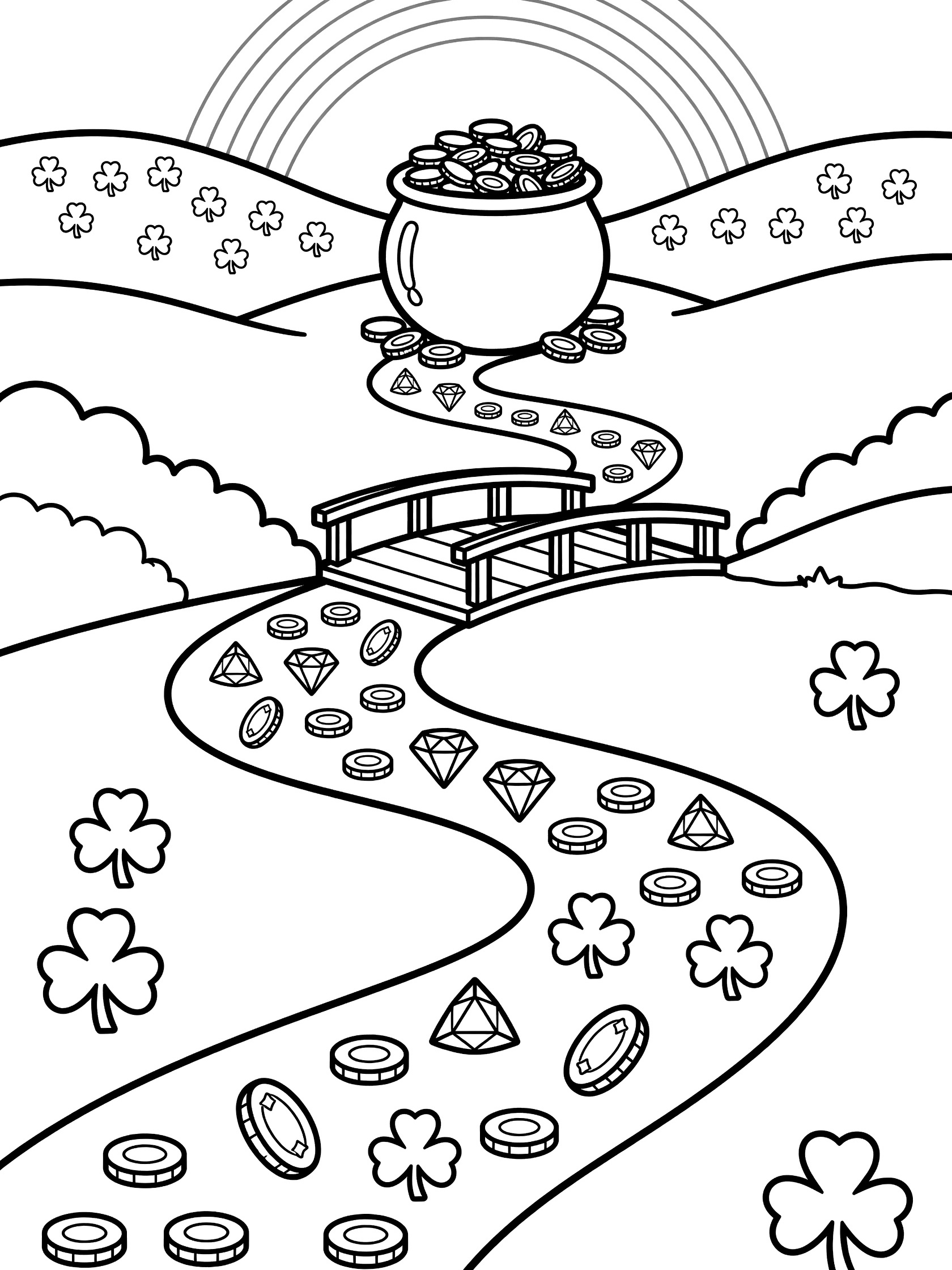Black and white coloring page of a pot of gold at the end of a trail with coins, gems, shamrocks, bridge, hills and rainbow for St. Patrick's Day
