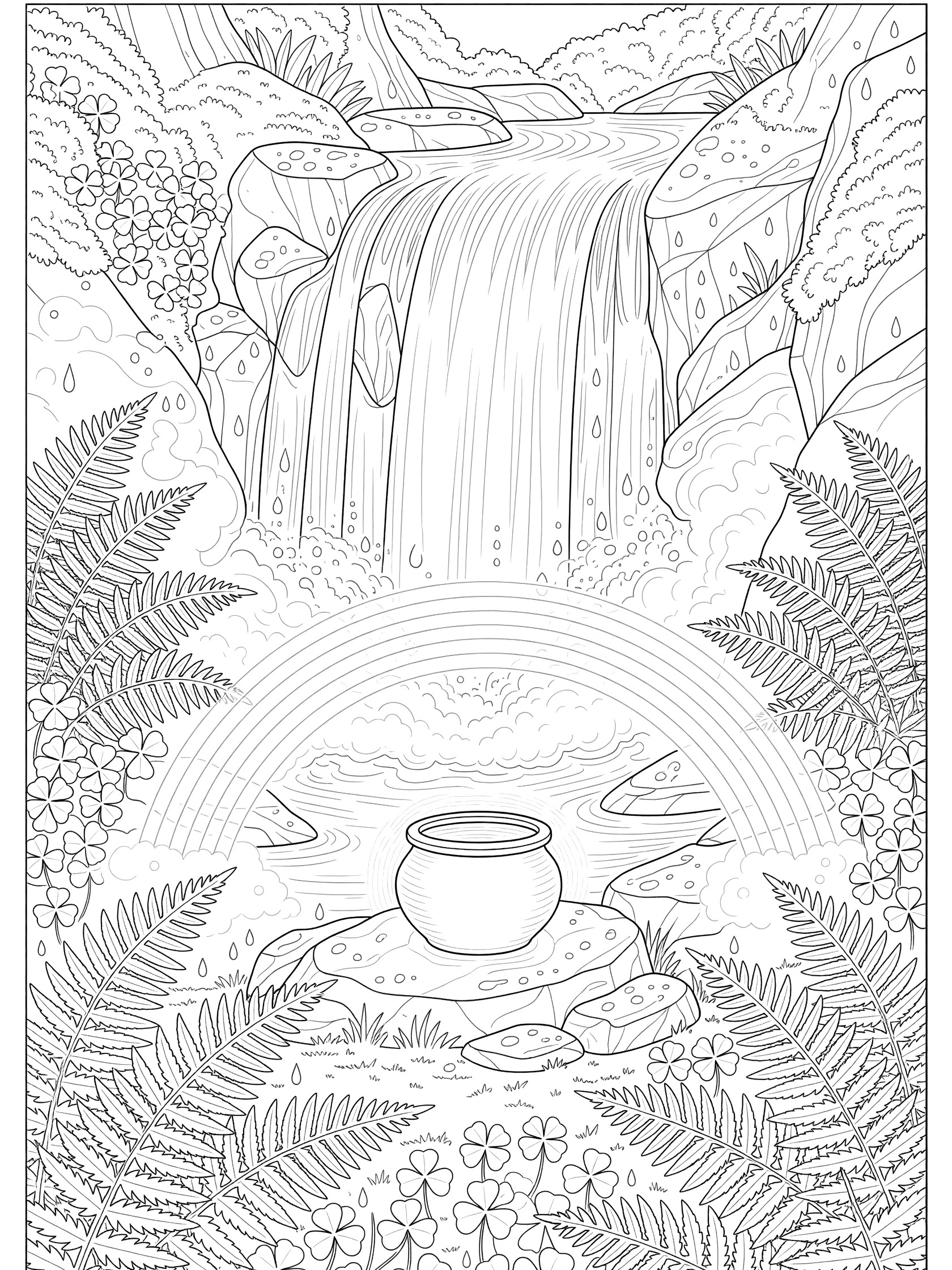 Black and white line art coloring page showing a pot of gold beneath a cascading waterfall forming a misty rainbow, surrounded by ferns and clovers on wet rocks