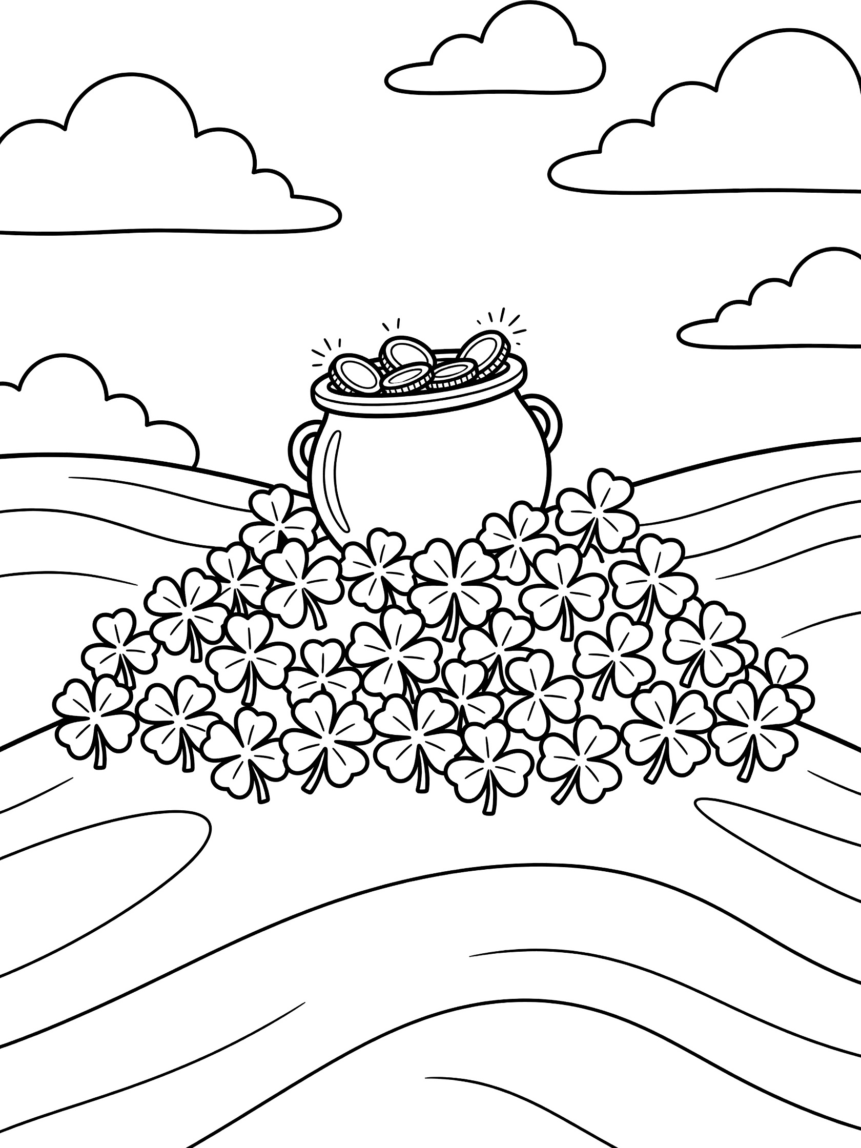 Black and white line art coloring page showing a pot of gold overflowing with coins from a mound of four-leaf clovers on a wavy hill with clouds and partly sunny sky
