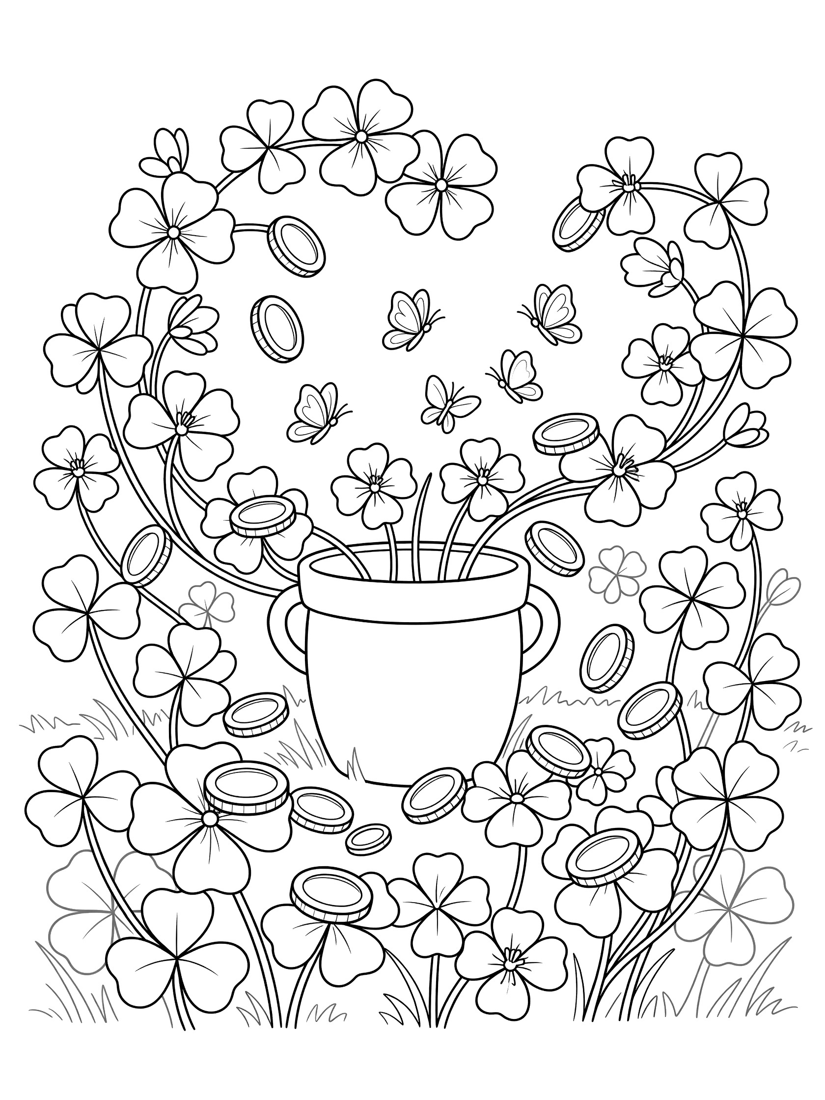Line art coloring page showing a pot of gold with coins spilling out, encircled by blooming clover flowers and butterflies