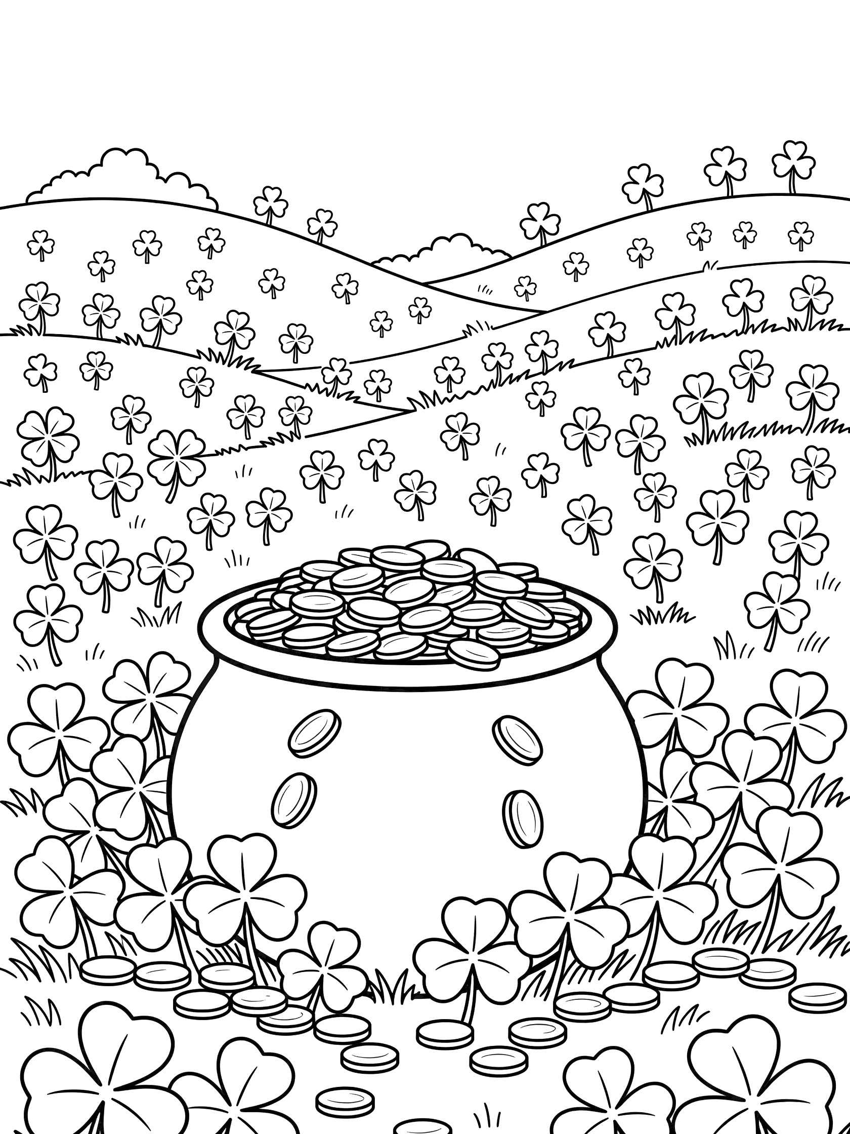 Black and white line art coloring page showing a large pot of gold spilling coins onto four-leaf clovers in a meadow with hills and shamrocks in the background.