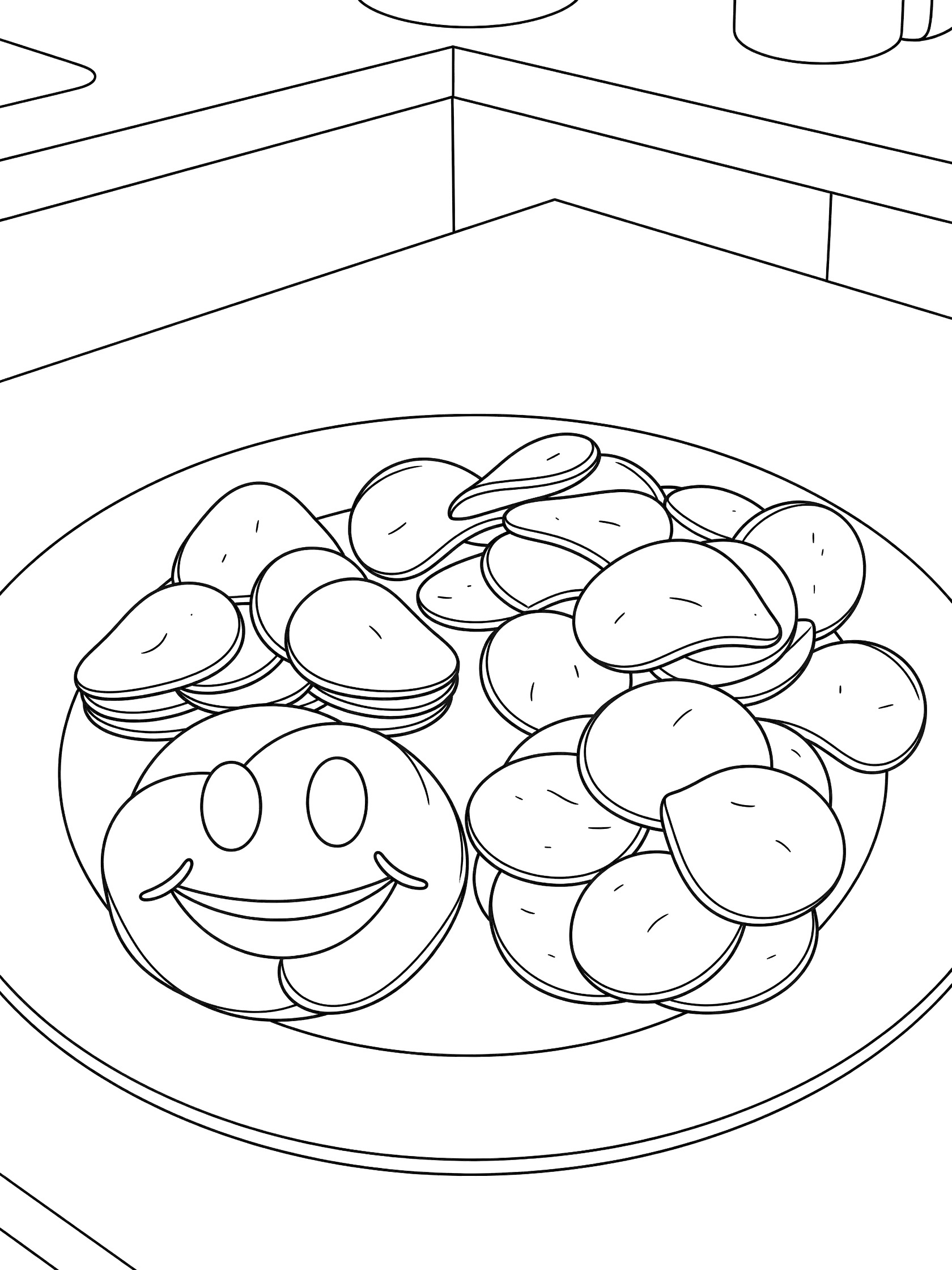 Line art coloring page showing potato chips forming geometric shapes like a smiling face and other patterns on a large white plate with kitchen counter background