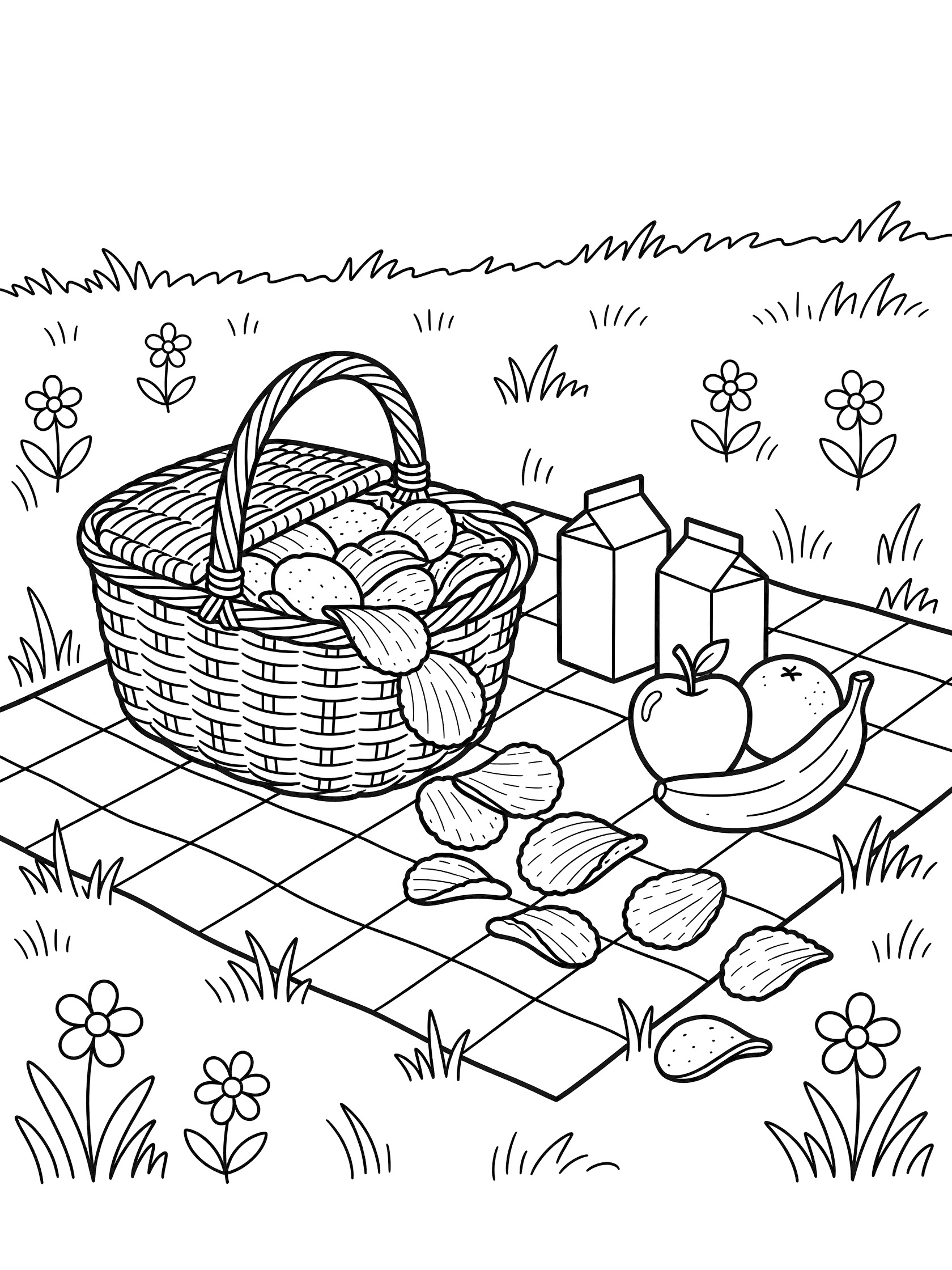 Line art coloring page showing a picnic basket overflowing with potato chips on a checkered blanket, surrounded by juice cartons, apples, bananas, flowers and meadow grass.