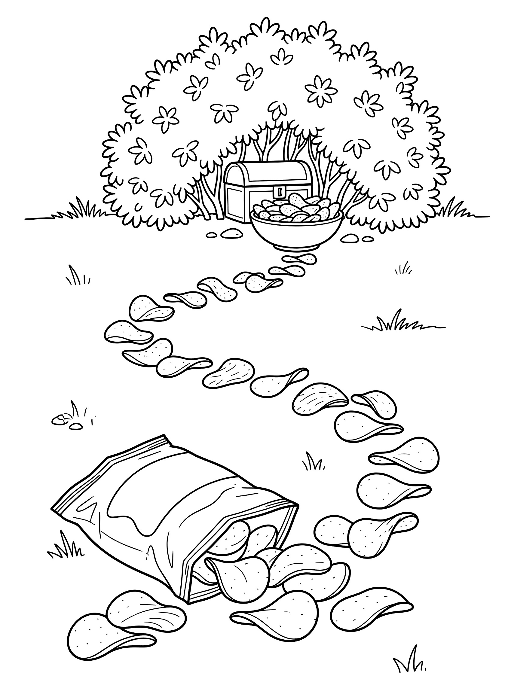 Black and white line art coloring page showing a winding trail of potato chips leading from a spilled bag to a snack bowl by a bush with treasure chest.