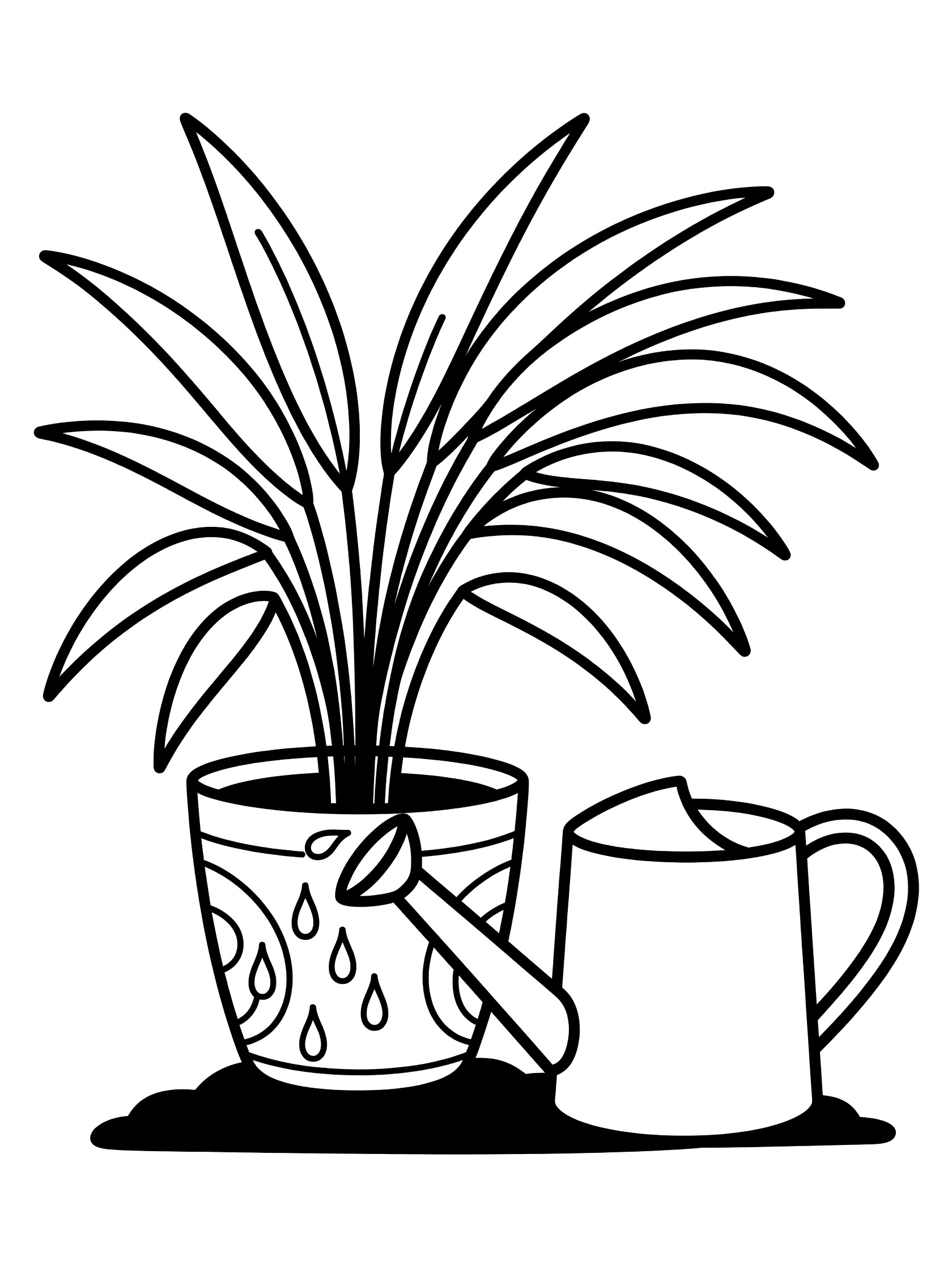 Black and white line drawing of a palm plant in a decorative pot beside a watering can pouring water drops into the soil, coloring book style. Parlor Palm themed black and white printable line art
