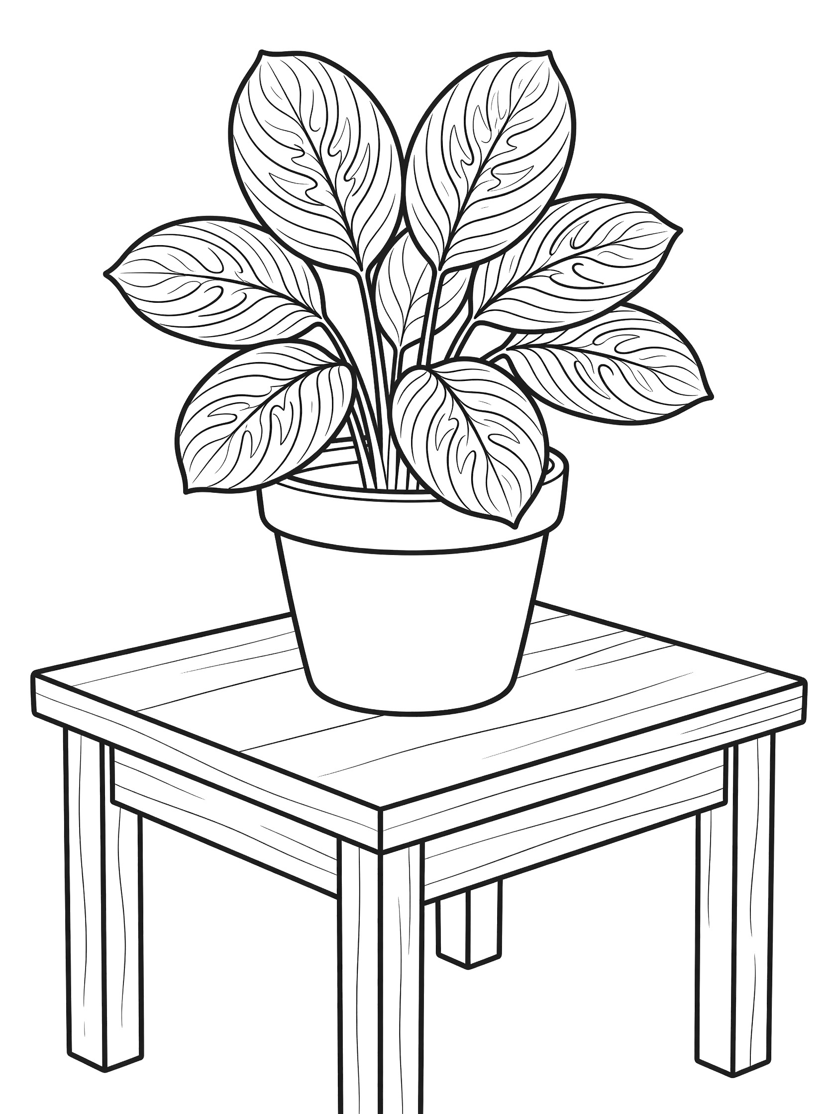 Black and white line art coloring page showing a leafy houseplant with wide patterned leaves in a simple round pot sitting on a sturdy wooden table with four legs. Prayer Plant themed black and white printable line art