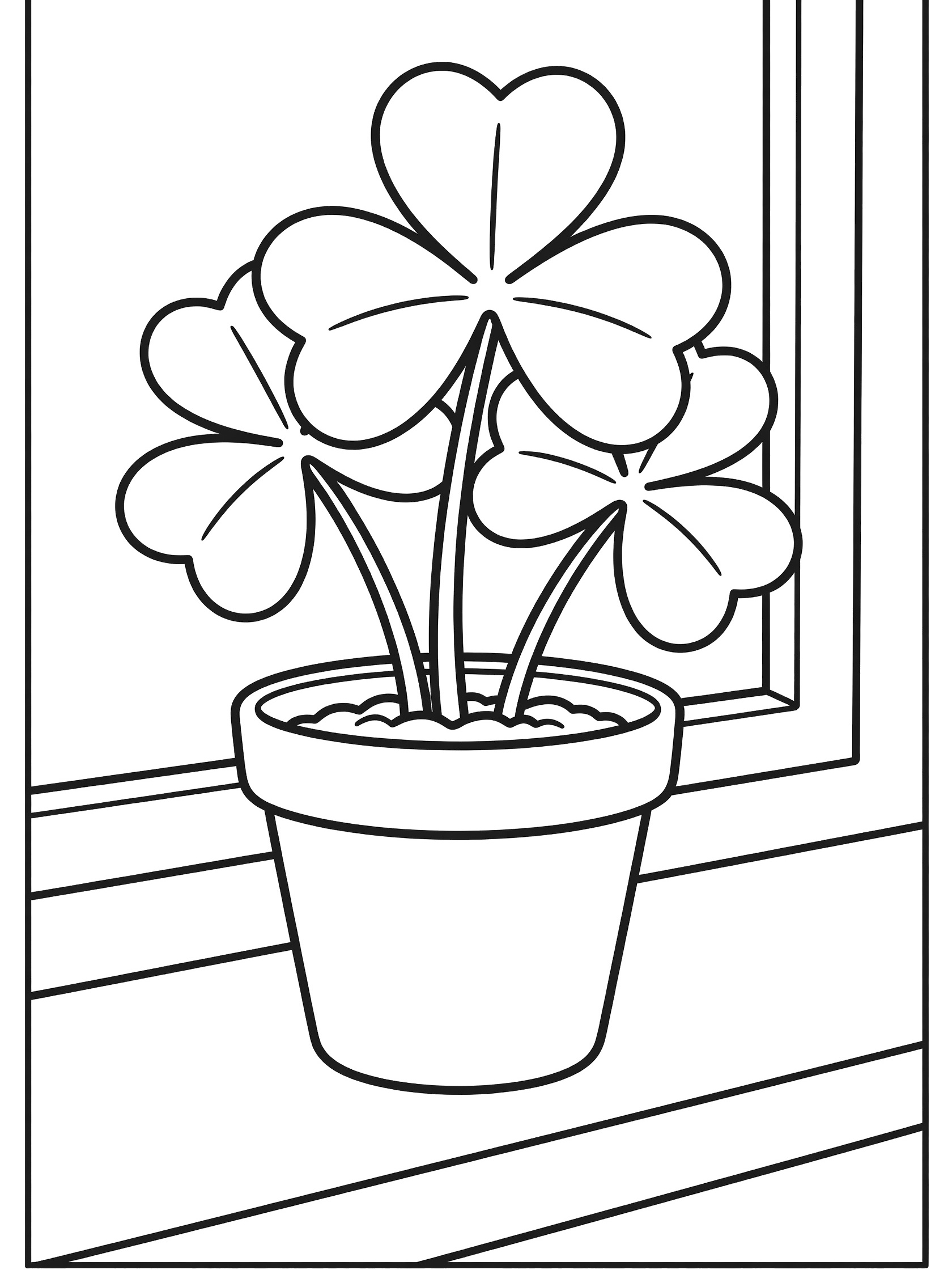 Whimsical line art coloring page showing a shamrock plant with large three-lobed leaves in a round pot on a windowsill, ready for kids to color.