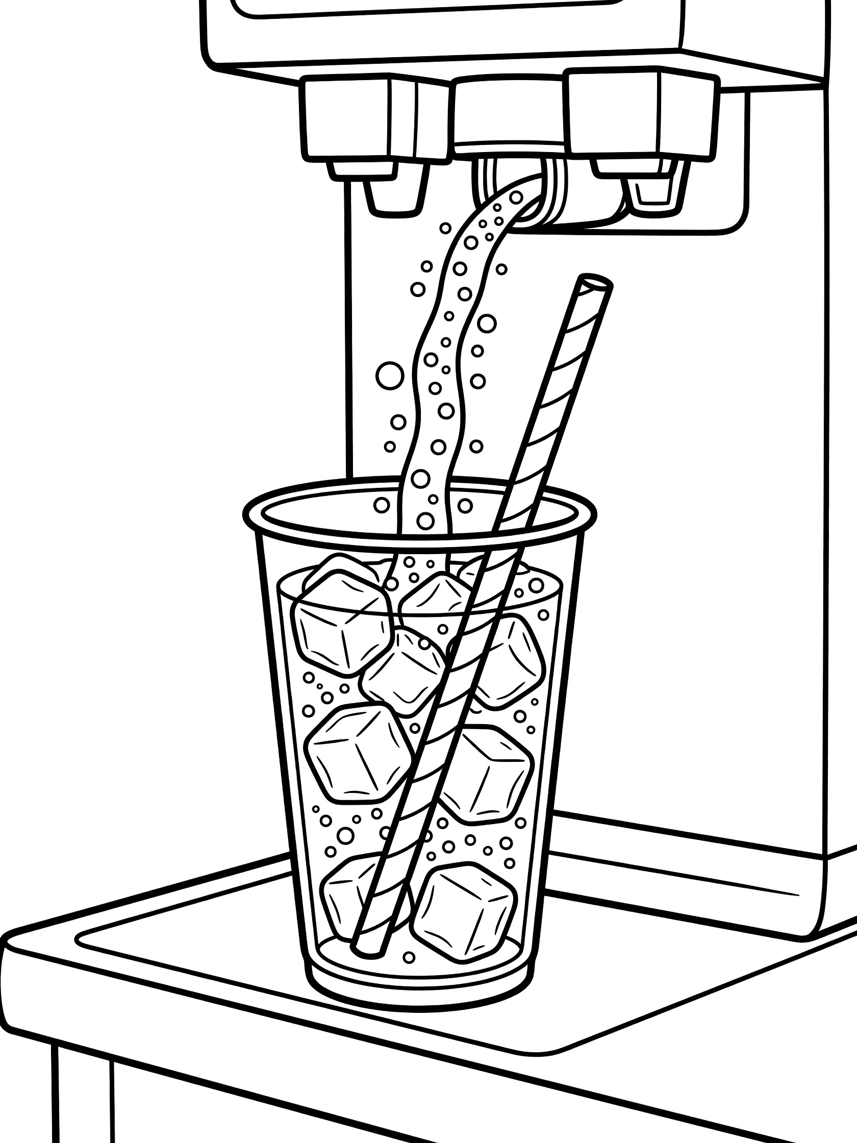 Black-and-white coloring page showing a fast food soda dispenser pouring bubbly soda into a clear cup with ice cubes and striped straw