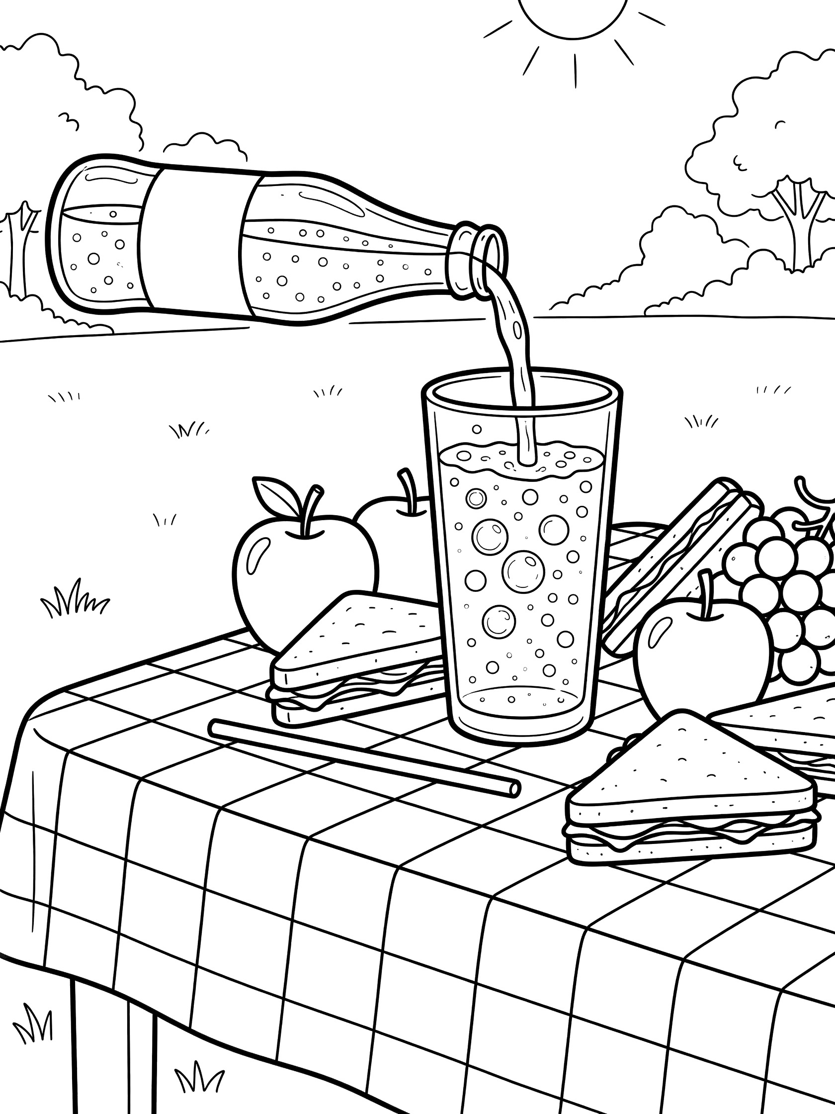 Black and white line art coloring page showing a clear glass bottle pouring fizzy soda with bubbles into a tall glass on a checkered picnic tablecloth, with apples, grapes, sandwiches, and a straw nearby in a sunny park.