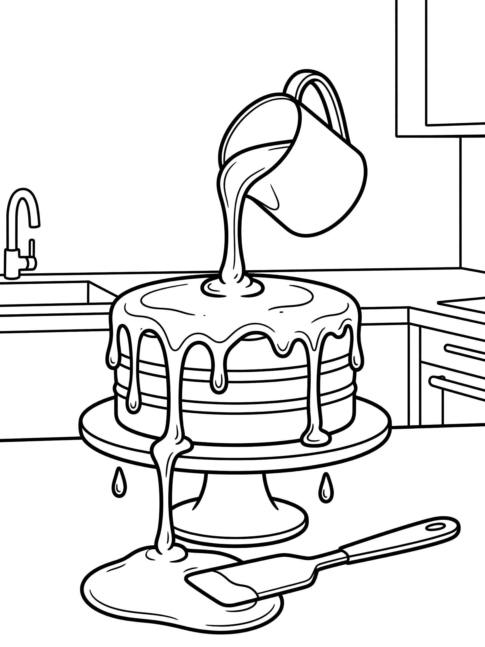 Line art coloring page showing a pitcher pouring ganache over a tall chocolate cake on a stand, with drips pooling at the base and a spatula nearby in a simple kitchen.