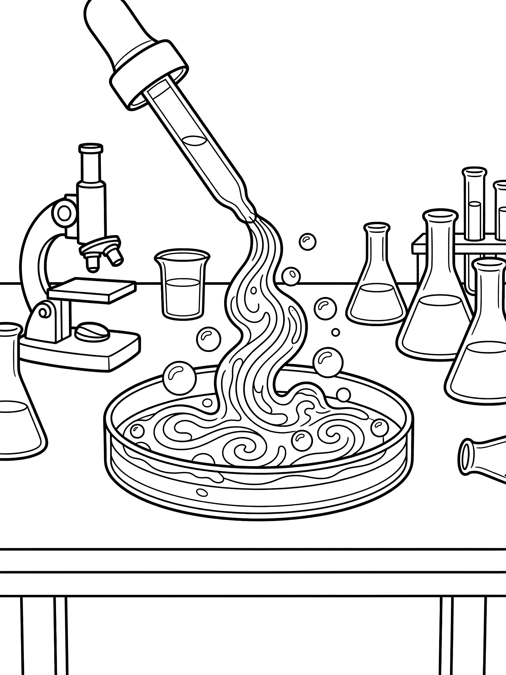 Line art coloring page showing a dropper pouring swirling liquid and bubbles into a round petri dish amid lab equipment like beakers and microscope on a table