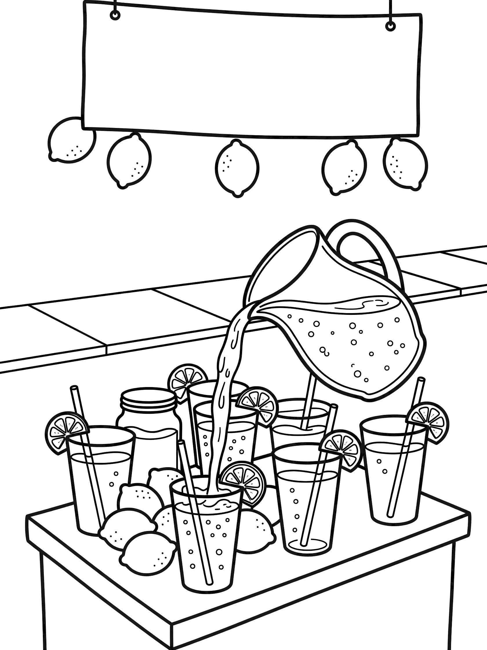Black and white coloring page showing a glass pitcher pouring bubbly lemonade into glasses with straws and lemon wedges on a table at a street stand with hanging sign and lemons.