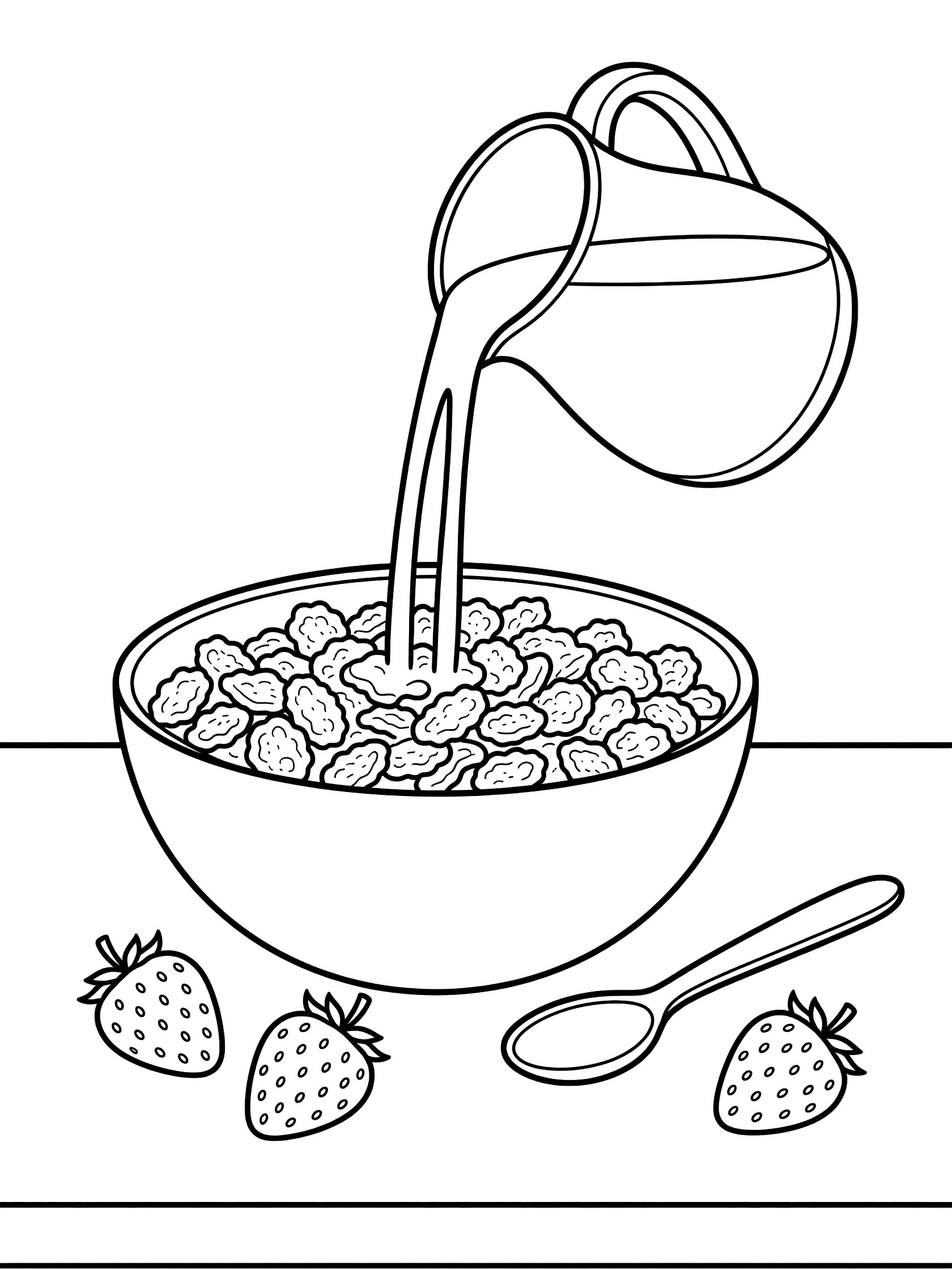 Black and white coloring page showing milk pouring from a jug into a bowl of crunchy cereal flakes, with a spoon and strawberries nearby
