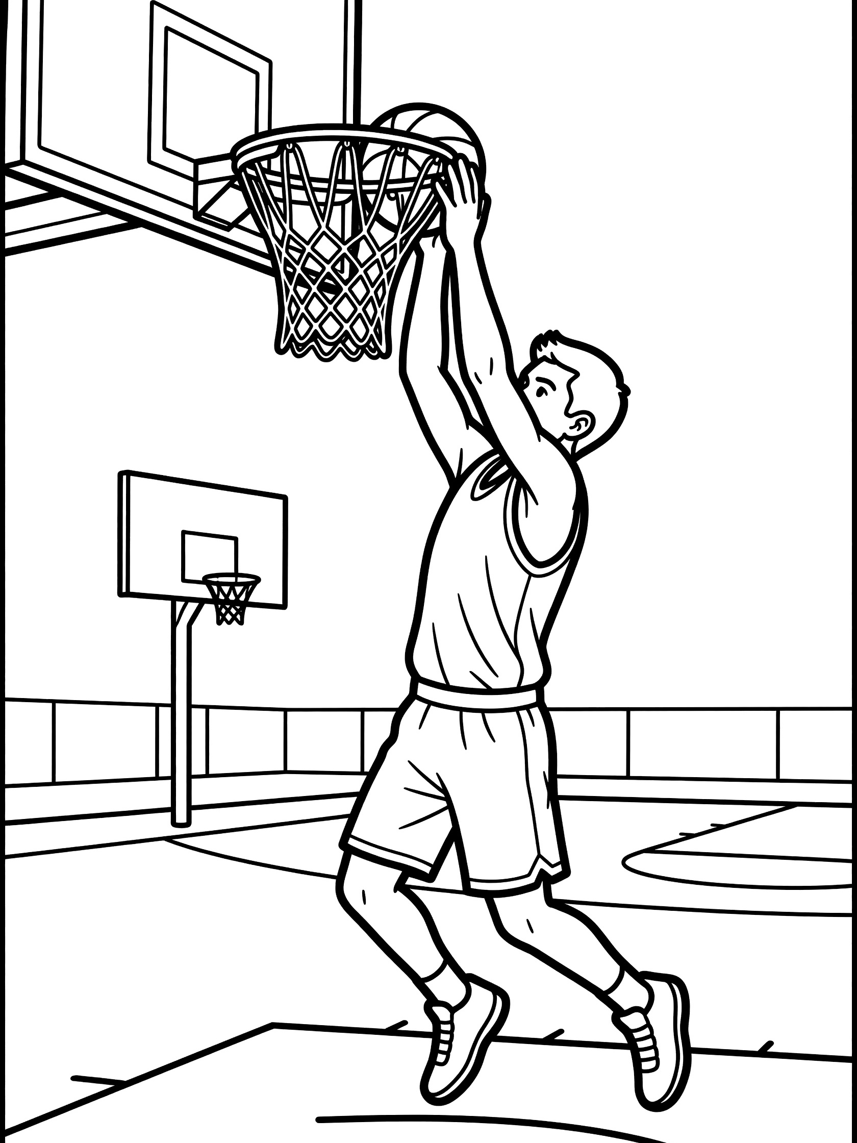 Black and white line art coloring page showing a determined basketball player jumping high for a two-hand slam dunk into the hoop on an outdoor pavement court with chain net stretching.