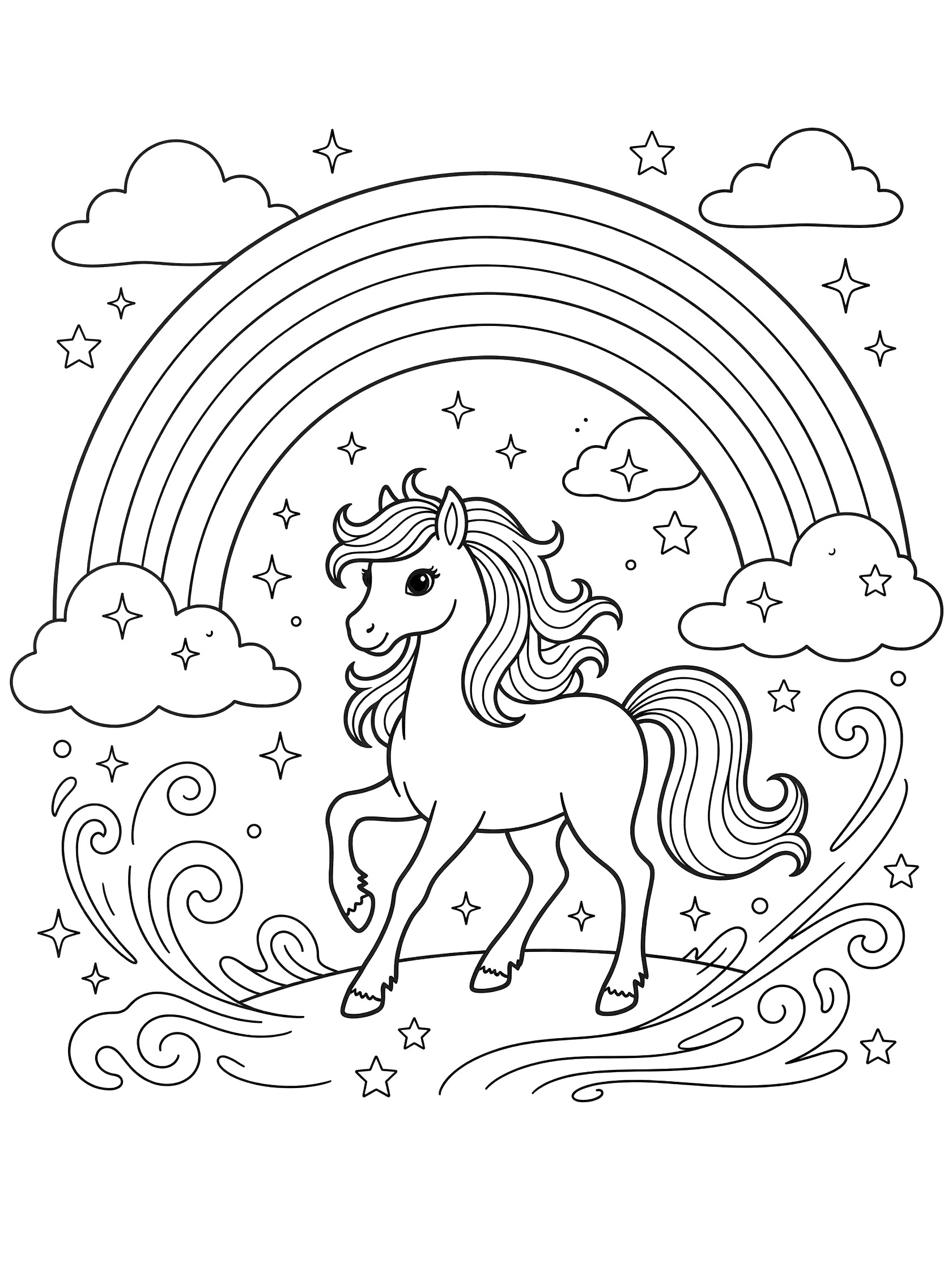 Black and white line art of a prancing pony under a large arched rainbow, with fluffy clouds, sparkling stars, and doodle swirls.