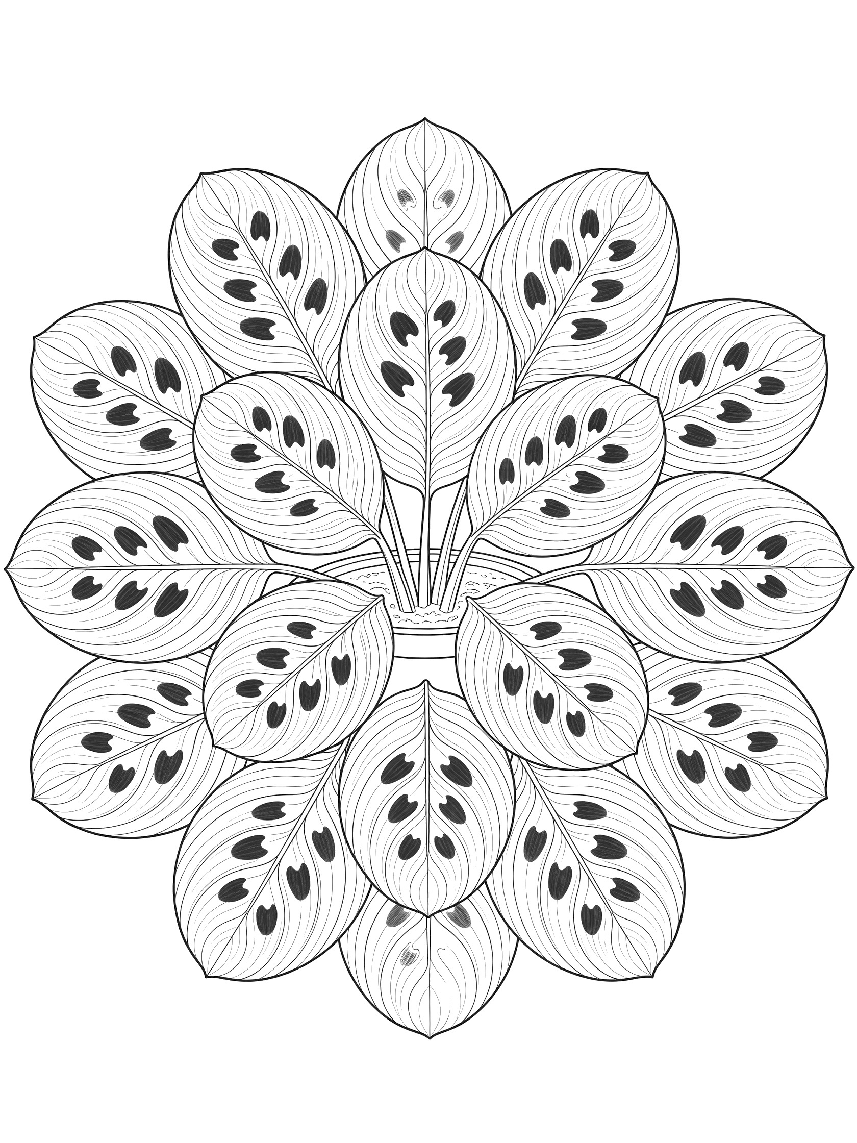 Detailed line art coloring page of prayer plant leaves arranged in a mandala pattern with oval shapes, spots, veins, stems, and a simple pot.