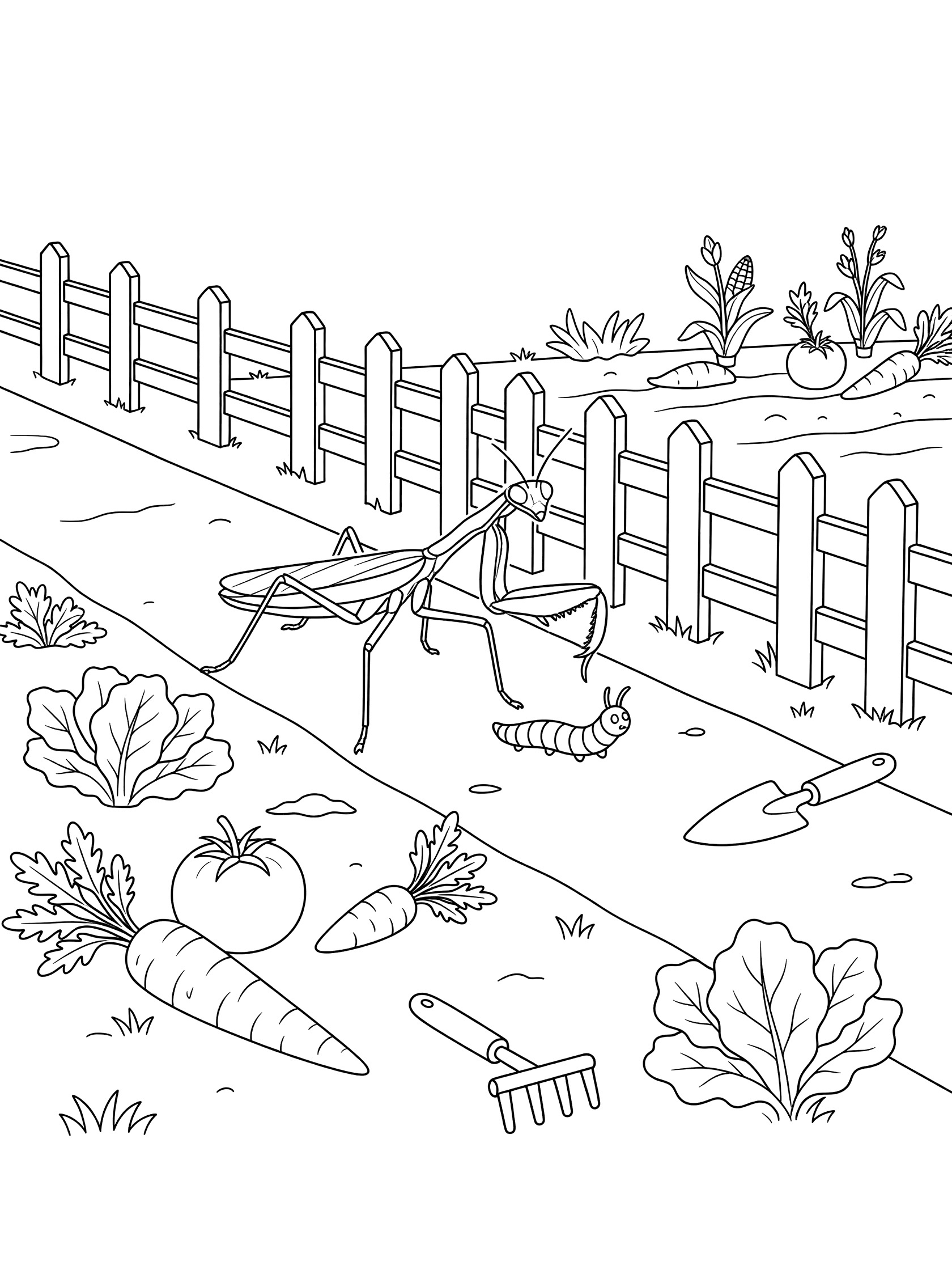 Black and white line art coloring page showing a praying mantis on a garden path looking at a caterpillar, with carrots, tomatoes, lettuce, garden tools, and a fence.