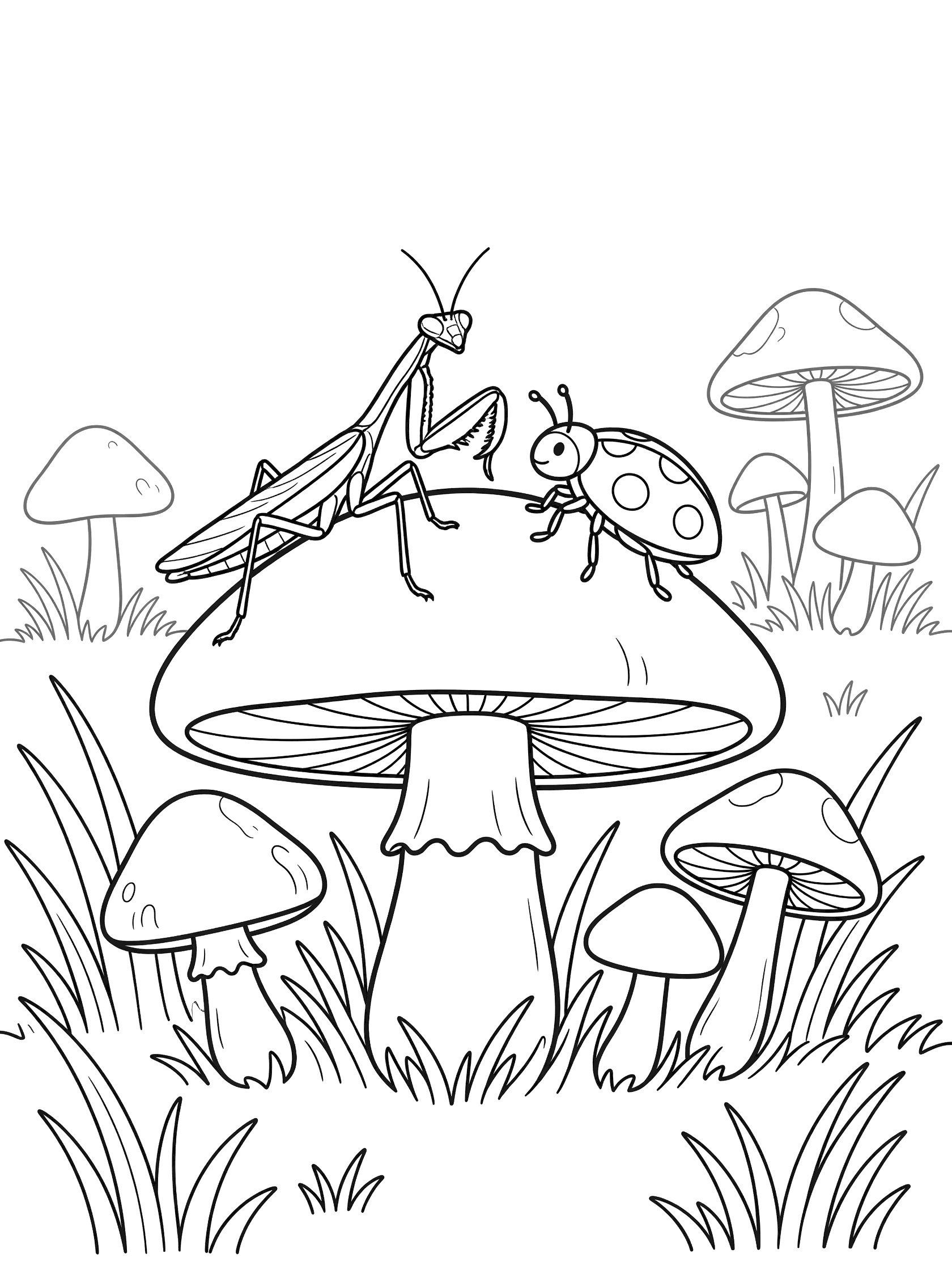 Black and white coloring page of a praying mantis and ladybug on a mushroom surrounded by grass and other mushrooms