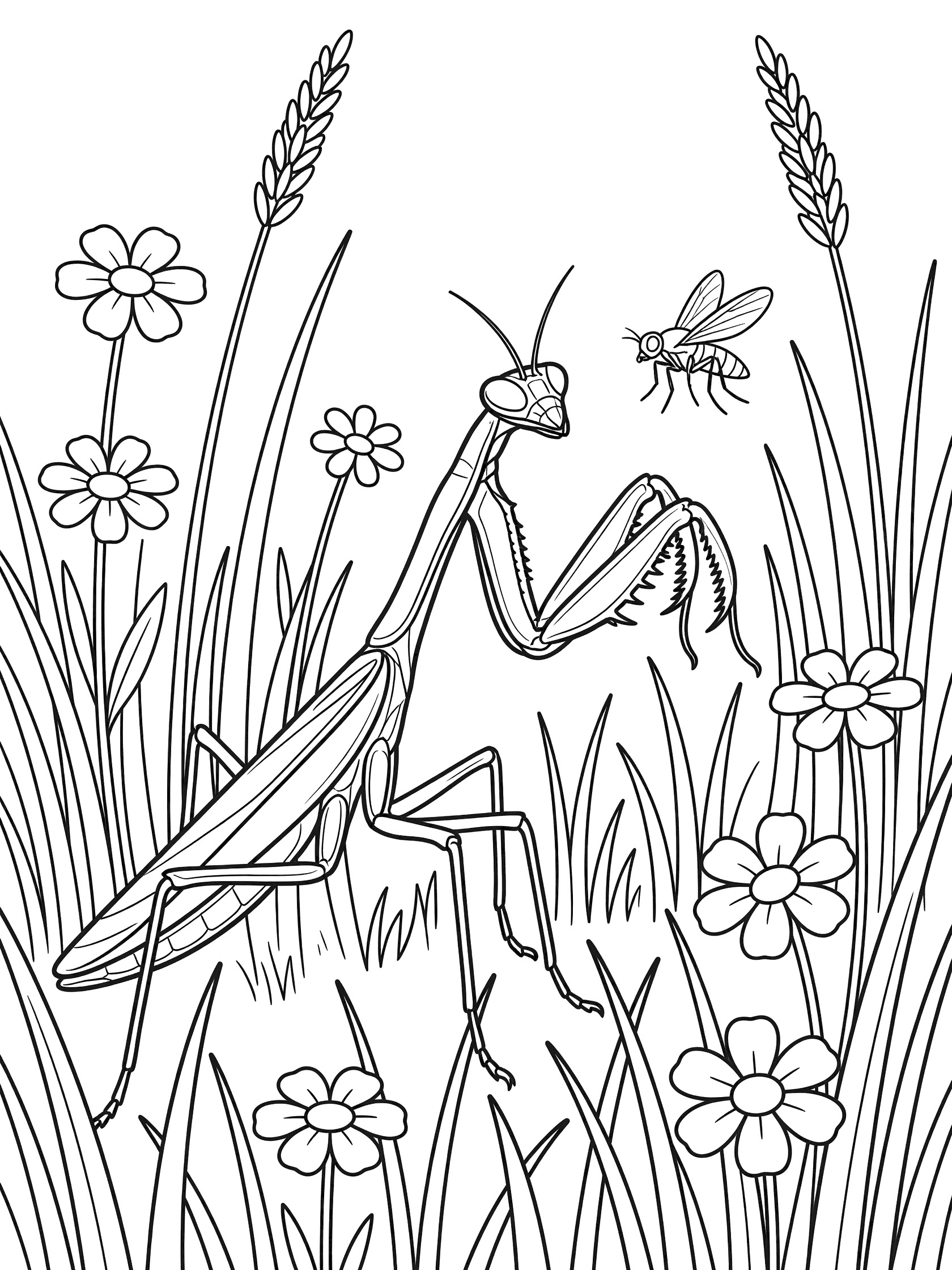 Black and white line art coloring page showing a praying mantis with outstretched front legs reaching for a fly, surrounded by tall grass blades and simple flowers.