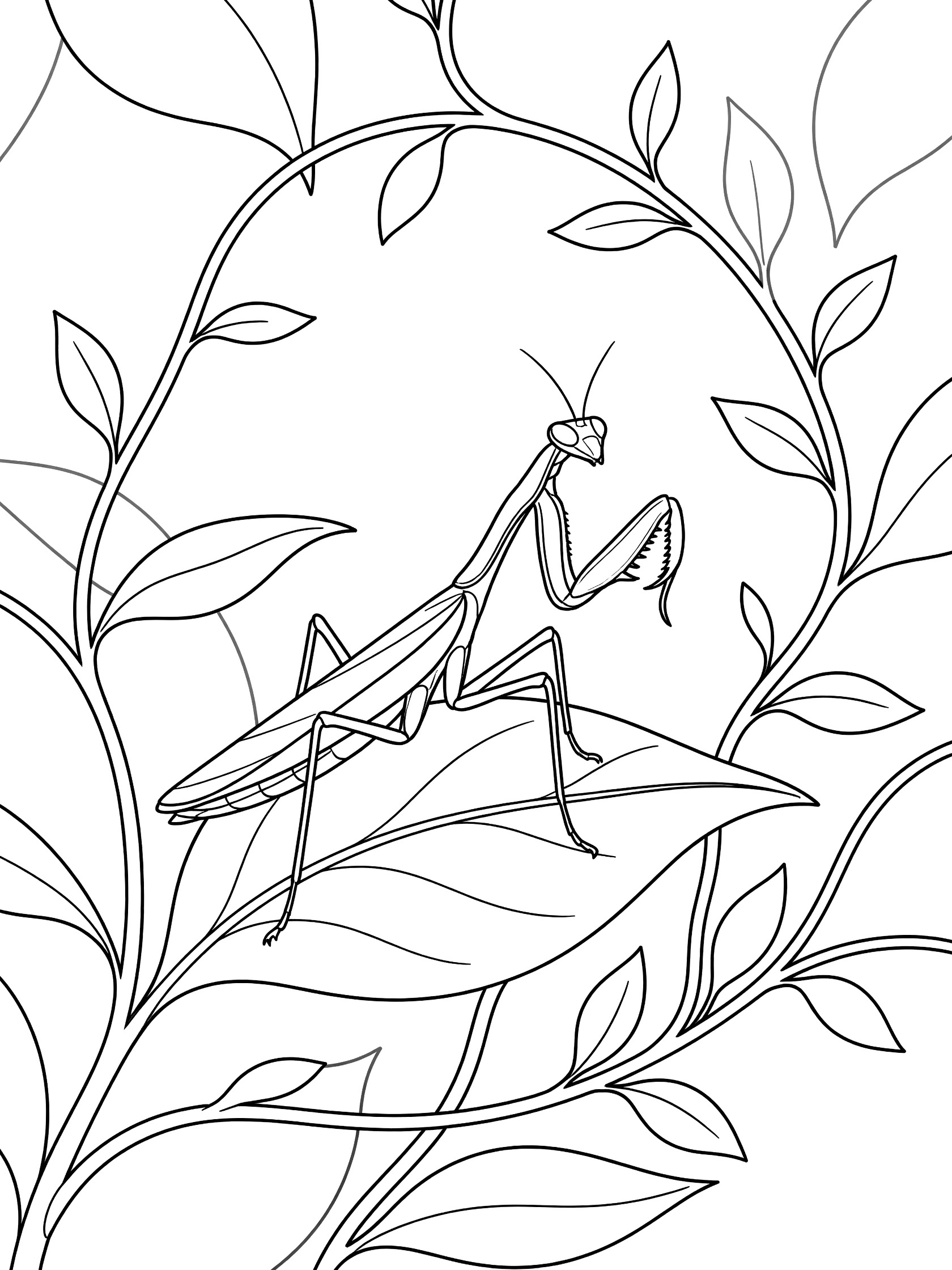 Black and white coloring page of a praying mantis perched on a large leaf surrounded by vines and small leaves