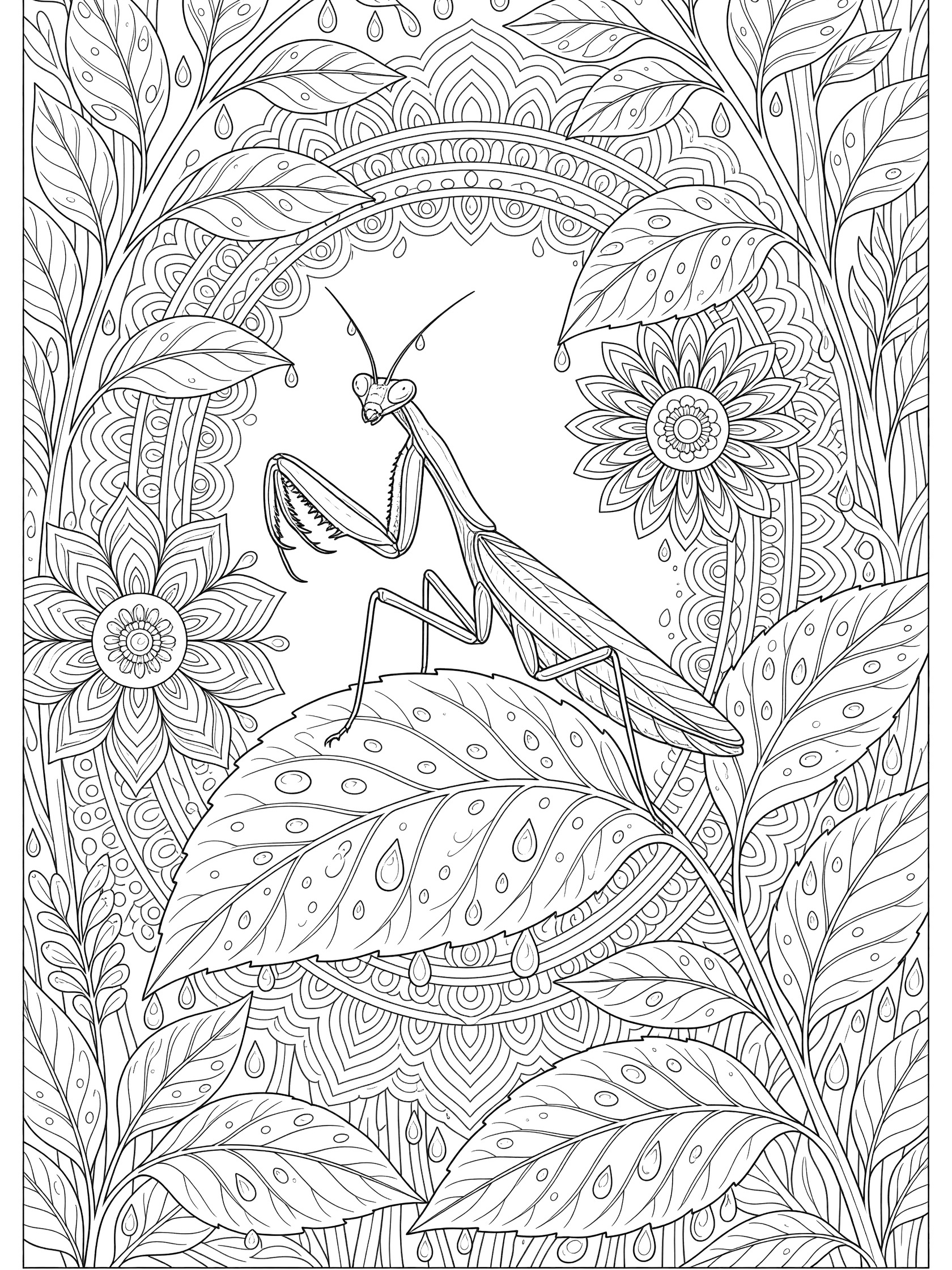 Detailed line art coloring page showing a praying mantis perched on a veined leaf covered in dew drops, surrounded by mandala-style leaves and flowers.