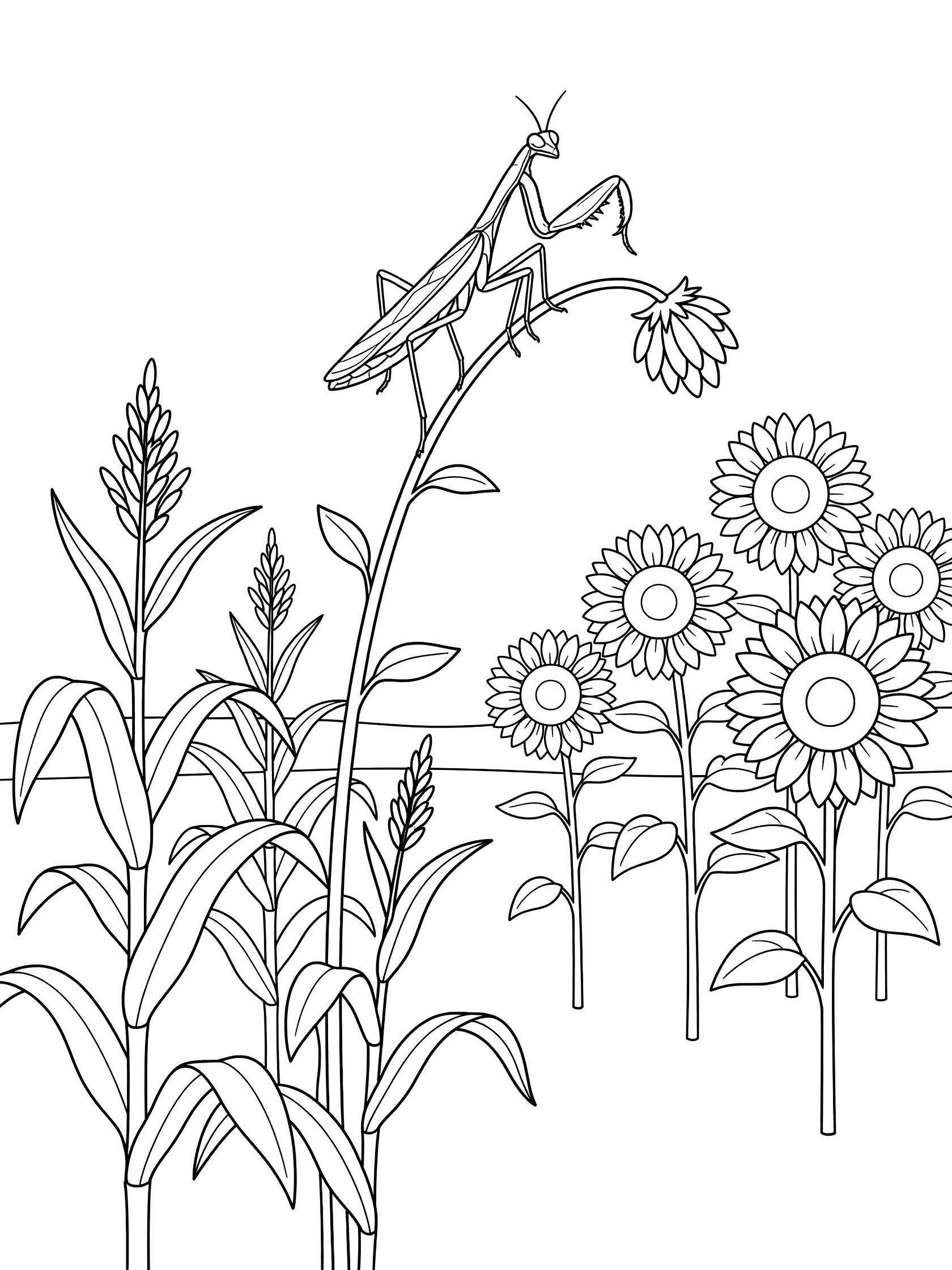 Black and white line art coloring page showing a praying mantis perched on a sunflower stem surrounded by cornstalks and more sunflowers.