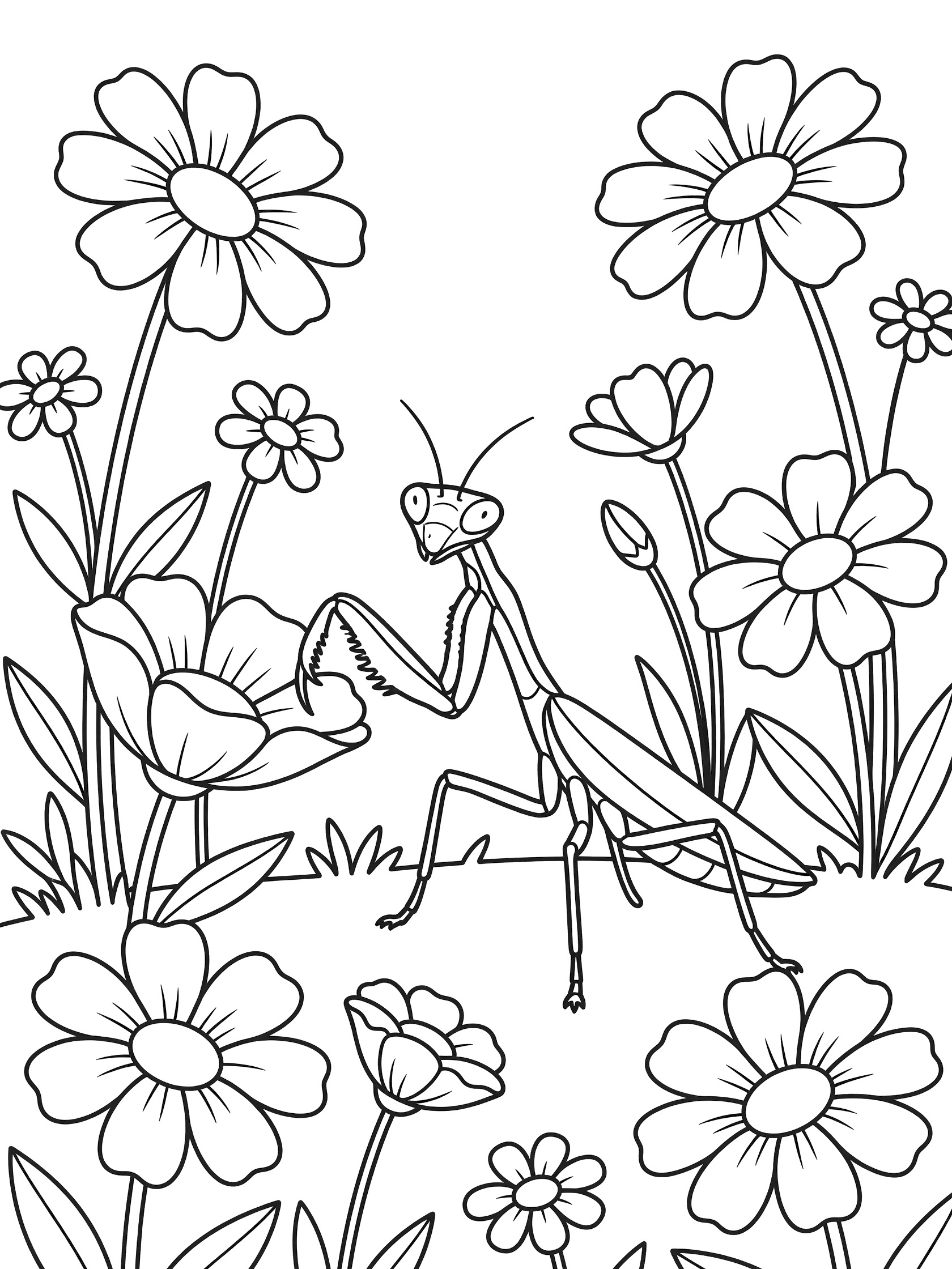 Black and white line art coloring page showing a praying mantis gently touching a flower petal, surrounded by blooming flowers, stems, and buds in a garden.