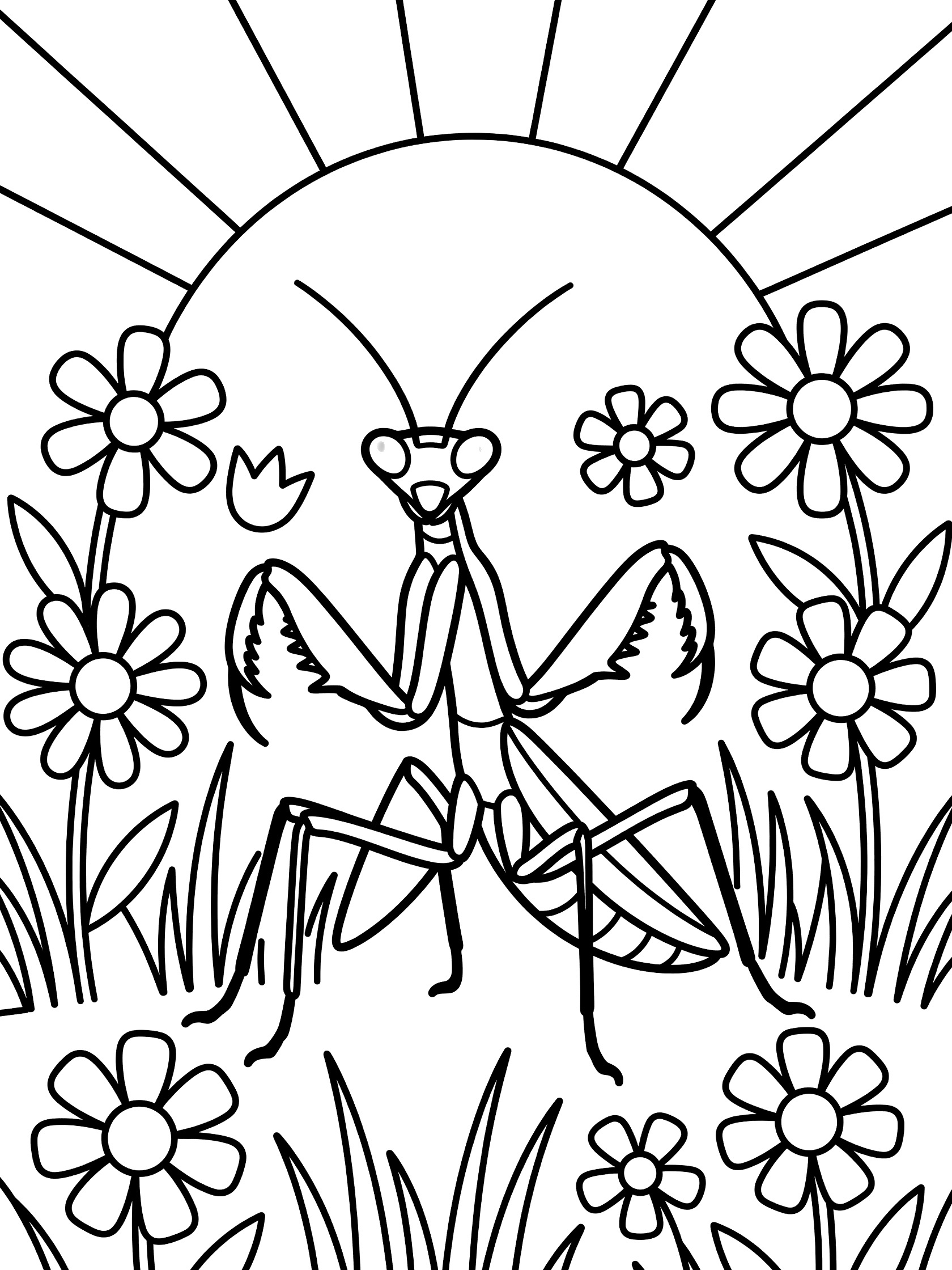 Black and white line art coloring page showing a praying mantis standing in a field with sun rays above, simple flowers around, and grass blades below.