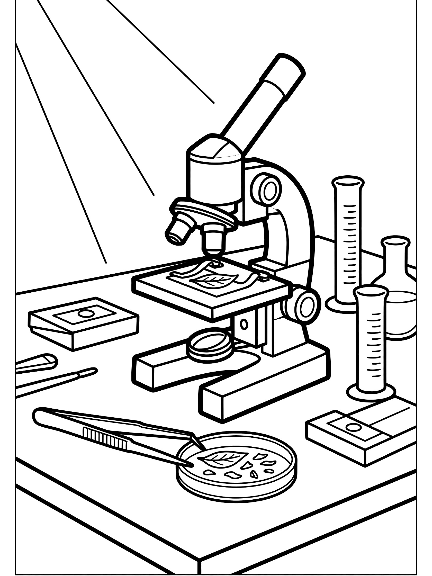 Line art coloring page showing a microscope over a glass slide with plant leaf section, tweezers holding leaf bits, petri dish, beakers on a sunny lab bench