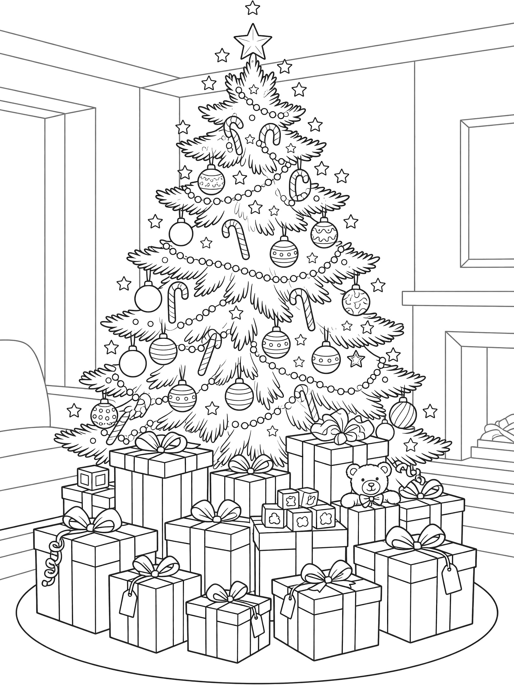Printable coloring page showing a decorated Christmas tree with hanging ornaments and candy canes, and a big pile of wrapped presents with bows and ribbons underneath in a living room setting