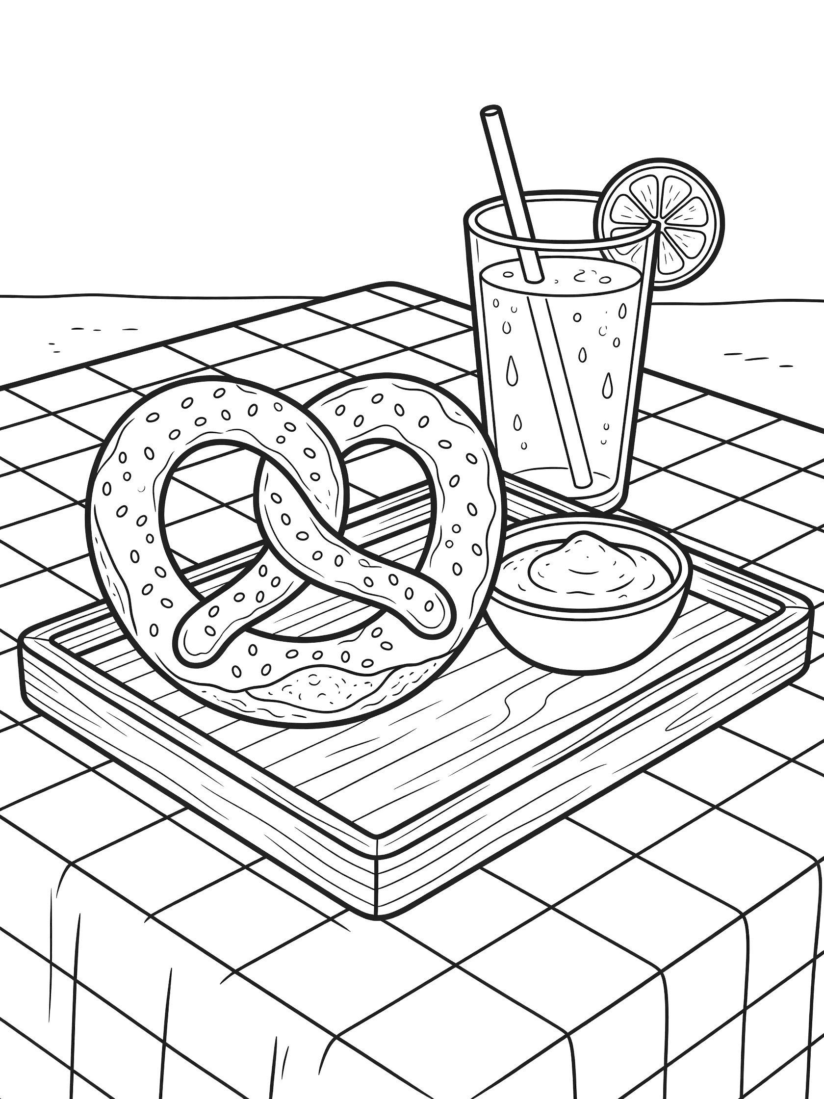 Black and white line art coloring page showing a large salted pretzel dipping into a bowl of mustard on a wooden tray next to a glass of lemonade with lemon slice and straw, on a checkered picnic tablecloth.