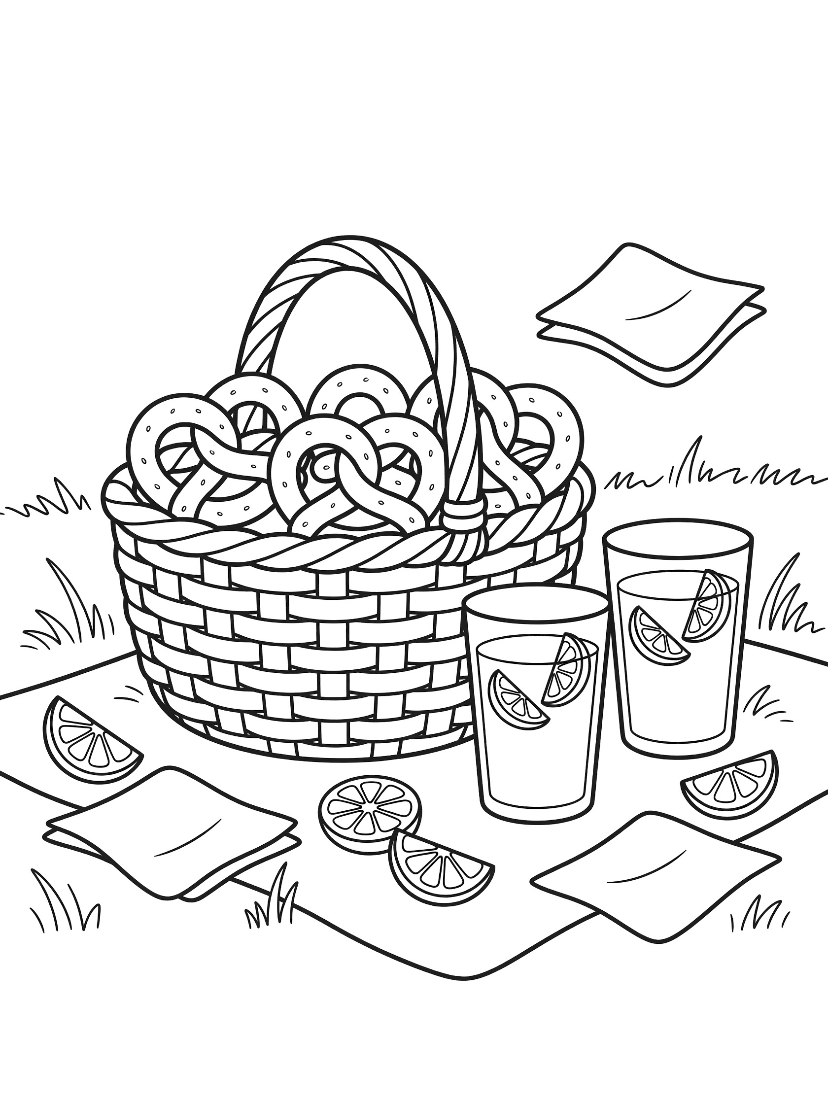 Black-and-white line art of pretzels in a basket next to fruit punch glasses with lemon slices on a grassy picnic spot with napkins.