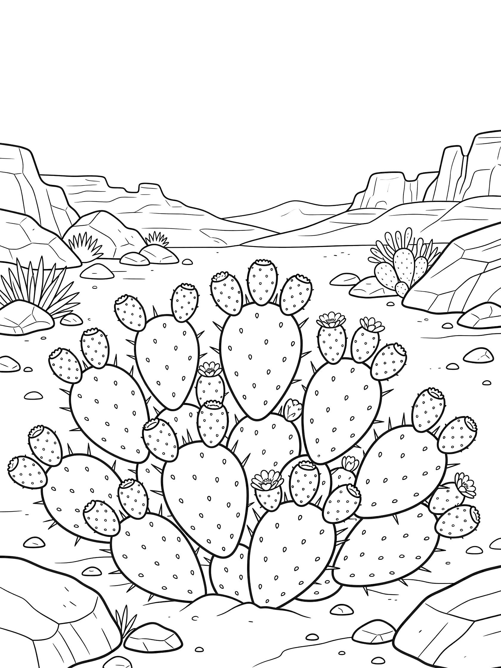 Printable coloring page of prickly pear cactus pads with bumpy ripe fruits and small flowers in a rocky desert valley scene.