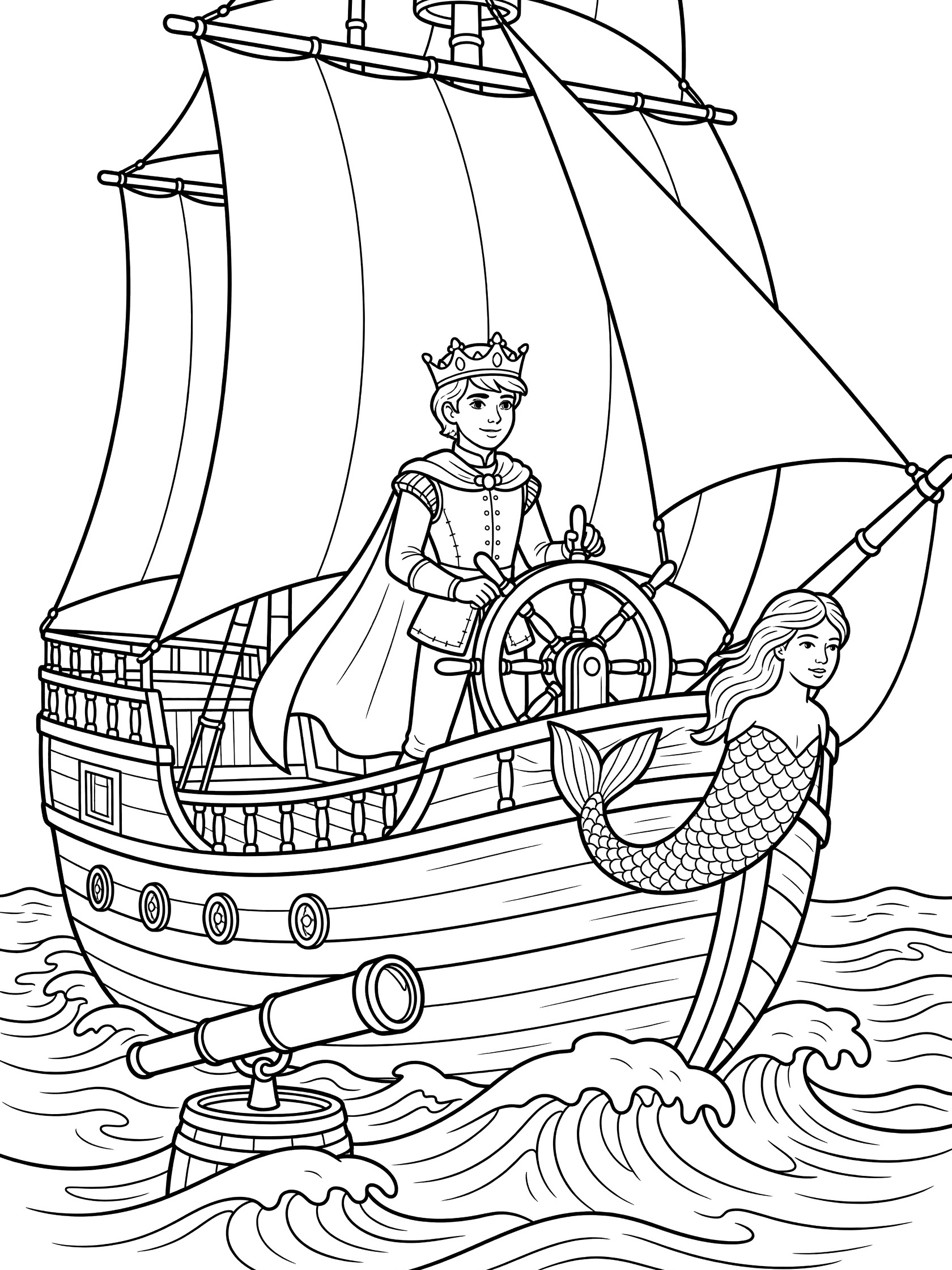 Black and white line art coloring page showing a crowned prince at the ship's wheel on a sailing ship with tall sails, mermaid figurehead, telescope, and ocean waves.