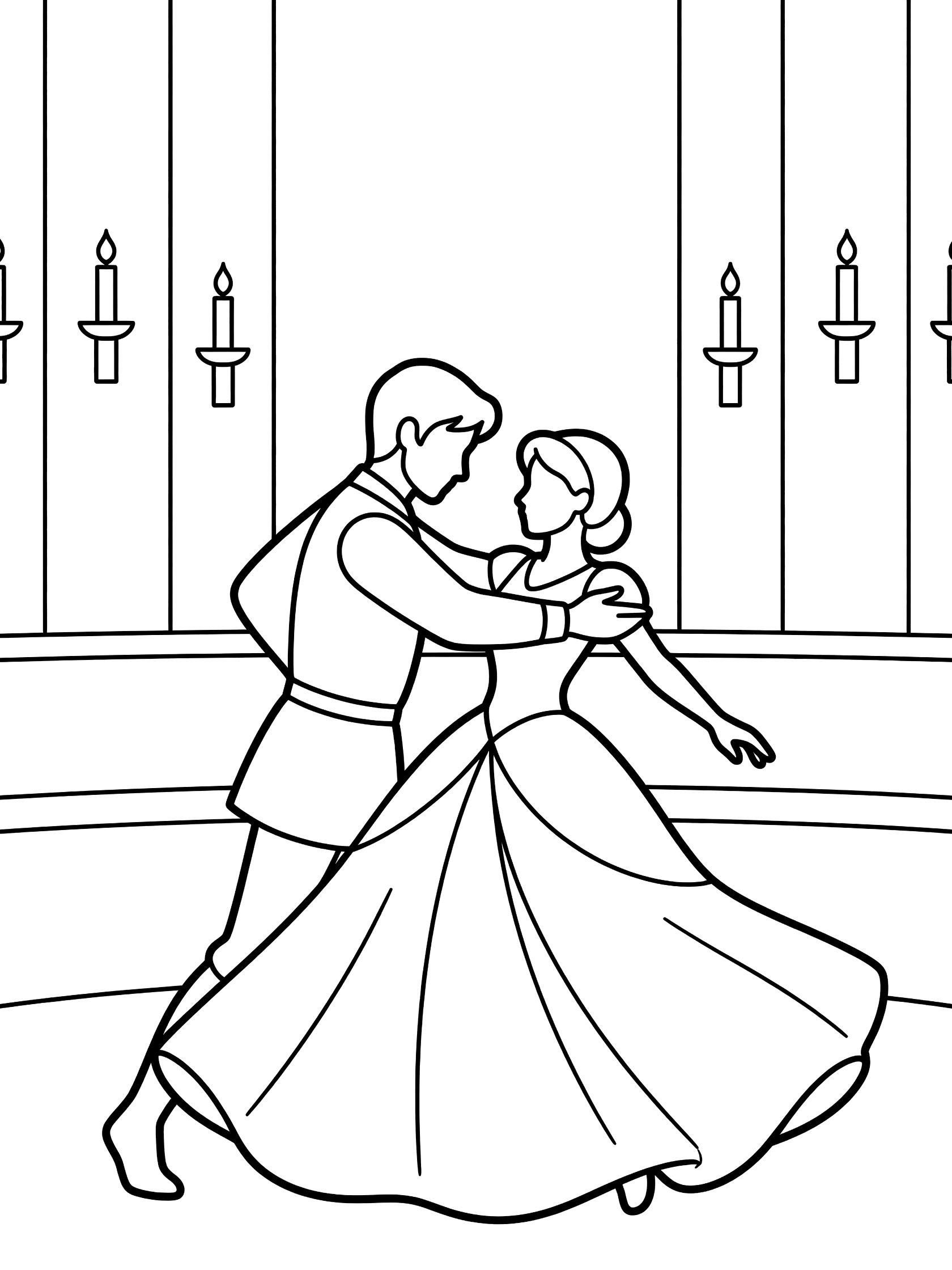 Line drawing coloring page showing a prince in tunic holding a princess in gown as they dance in a grand ballroom with wall candles and columns.