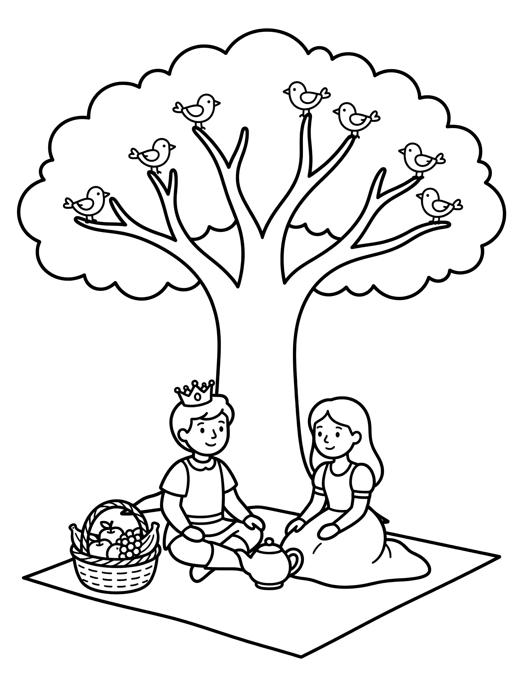 Black and white line drawing of prince and princess sitting on picnic blanket under tree with birds on branches, basket of fruits and teapot