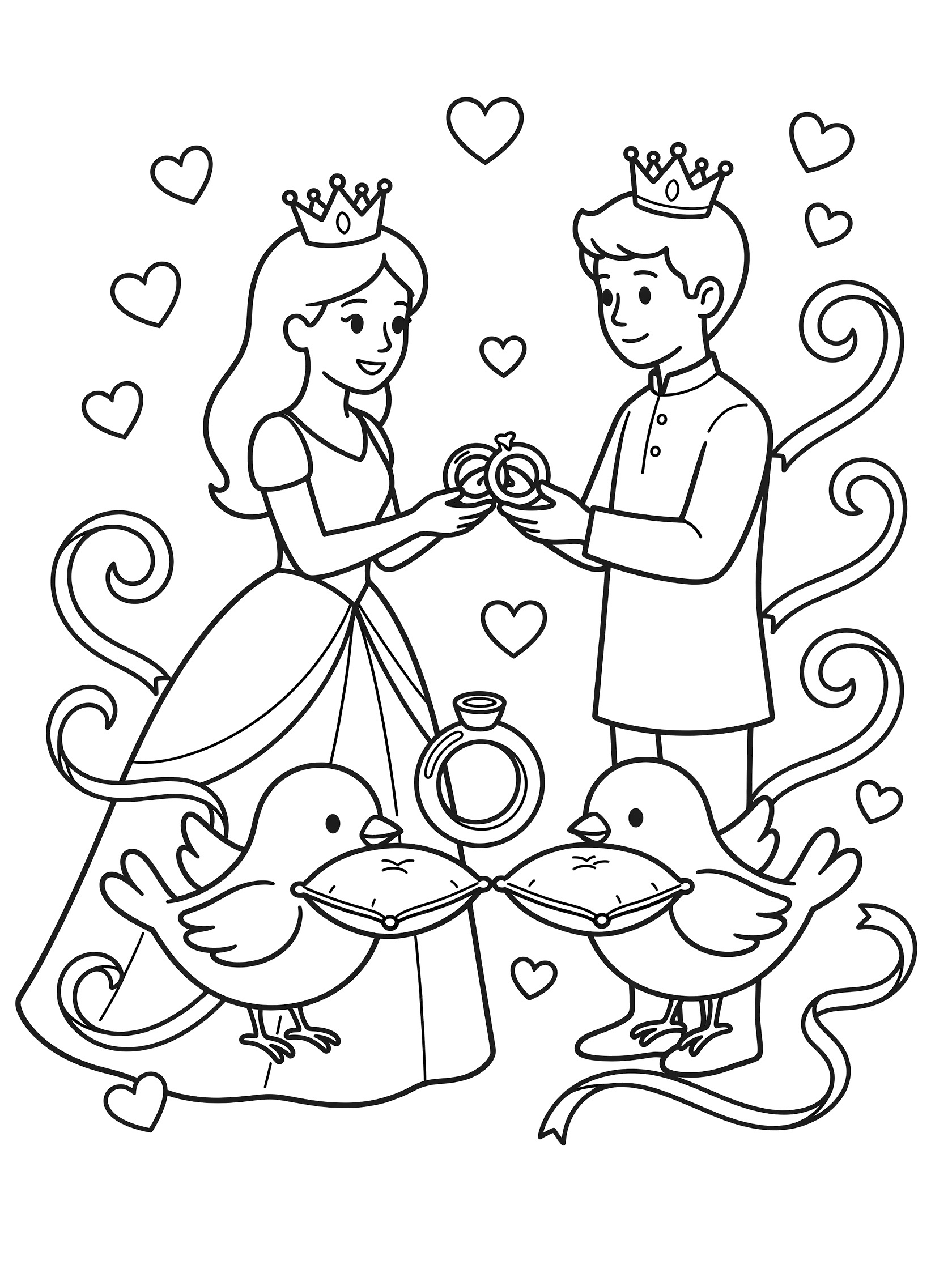 Black and white line art coloring page showing a prince and princess in crowns exchanging shiny wedding rings on pillows carried by two little birds with hearts and ribbons around them.