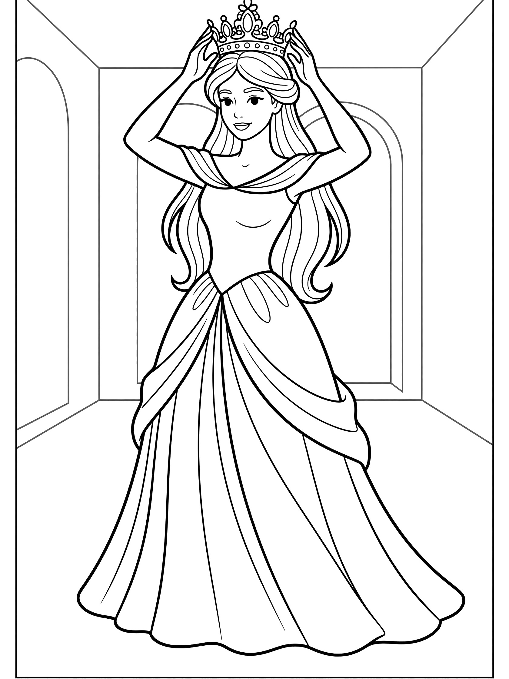 Black and white line art coloring page showing a princess with long hair standing in a room, hands raising an ornate crown onto her head, wearing a long flowing dress.