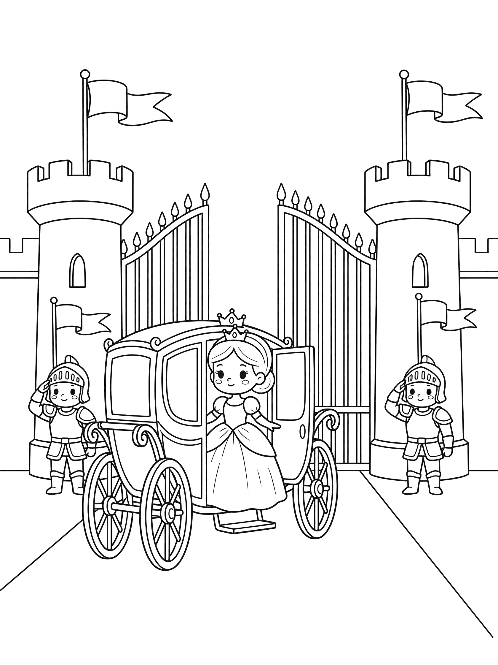 Black and white line art coloring page showing a princess in a gown and crown at the open door of a horse-drawn carriage arriving at tall castle gates with towers, knights saluting in armor, and flags on poles.