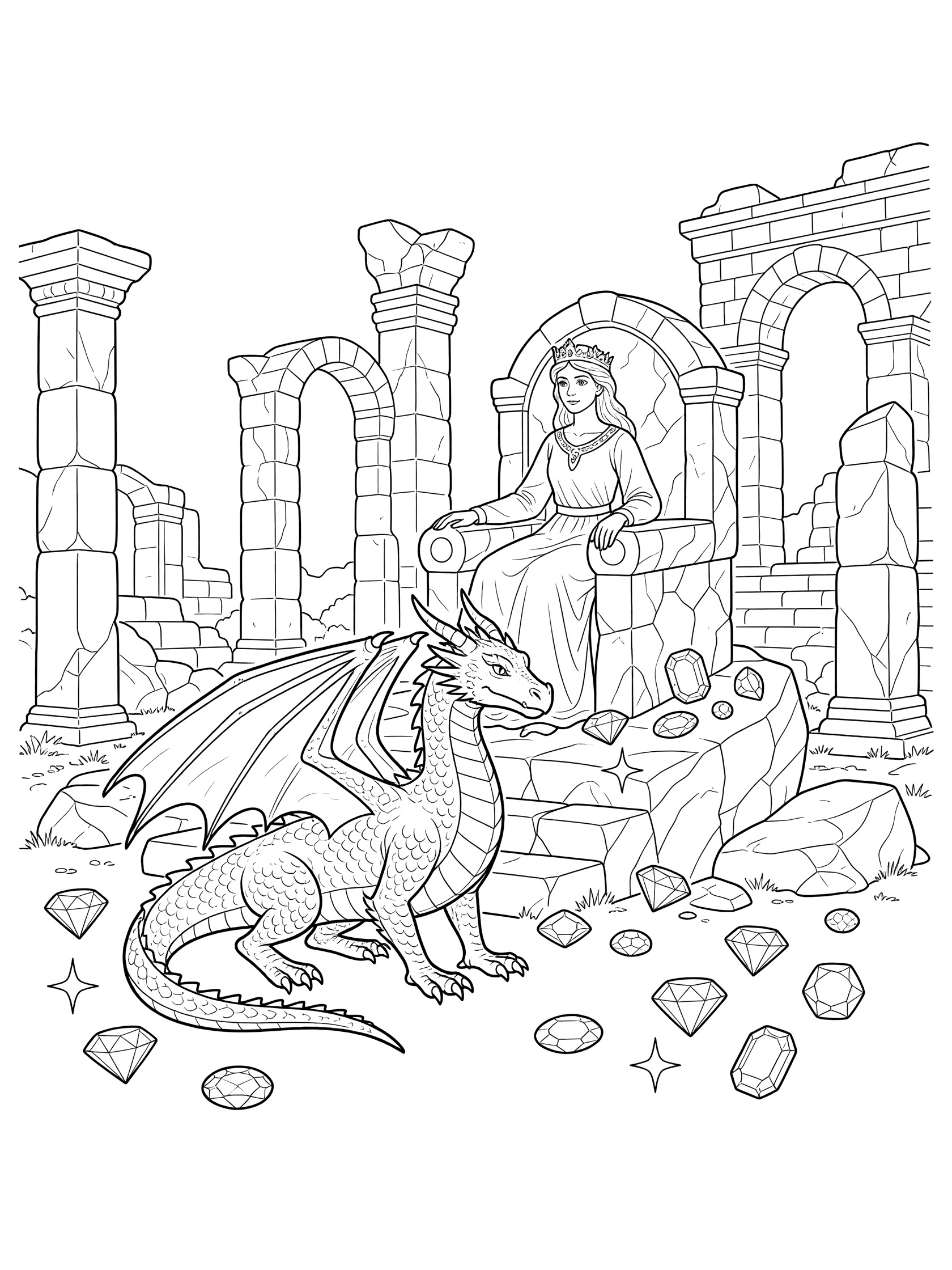 Black and white line art of a princess seated on a rock throne in ruins, guarded by a dragon with folded wings, gems scattered around.