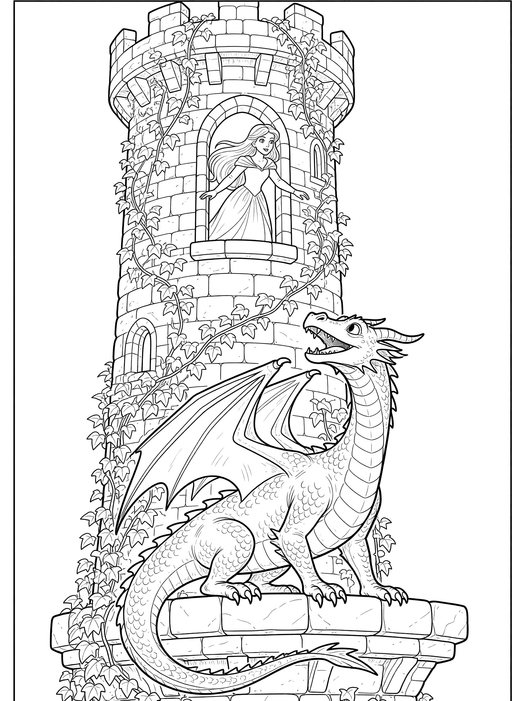 Black and white line art coloring page of a princess in a long dress leaning from a tall castle tower window, with a dragon on the ledge below looking up, ivy on stone walls.