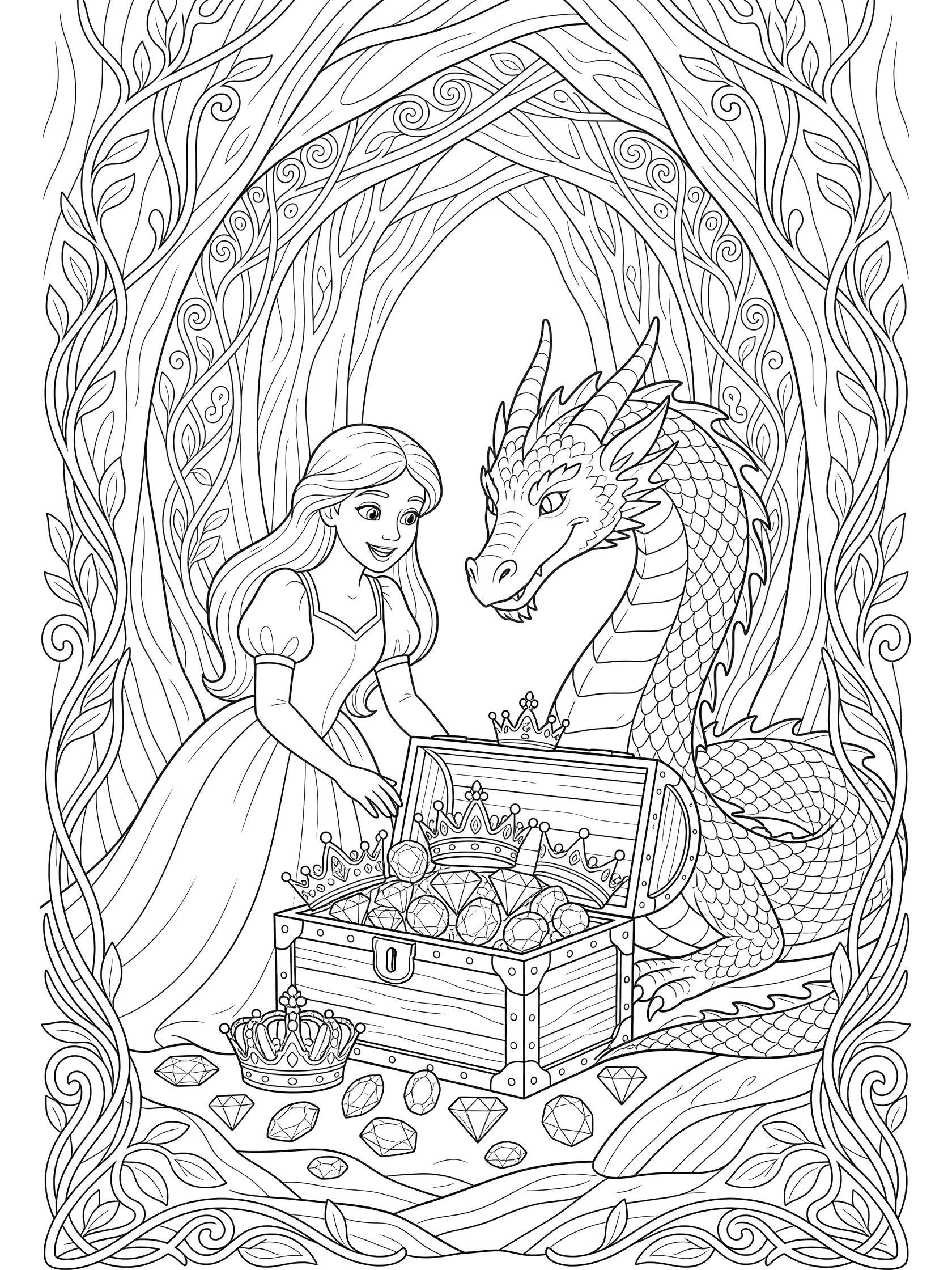 Black and white line art coloring page of a princess in a dress and a dragon sitting by an open treasure chest with gems, crowns, and coins in a cavern with vine walls.