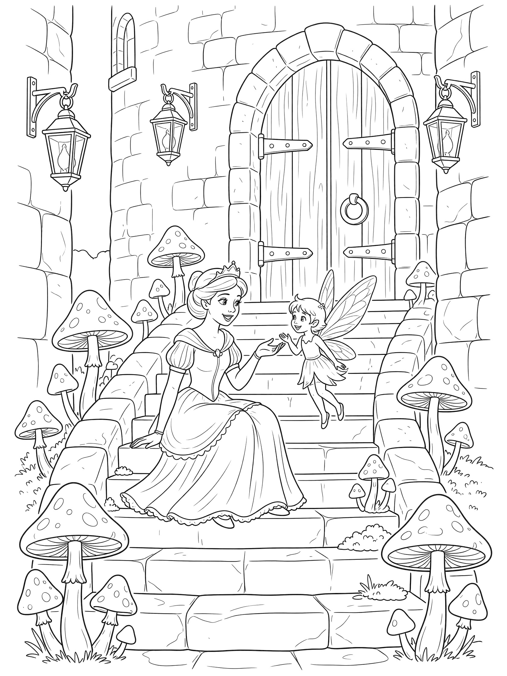 Black and white line art coloring page showing a princess in a long dress sitting on stone steps talking to a small winged fairy, next to a castle door with lanterns and mushrooms. Tower themed black and white printable line art